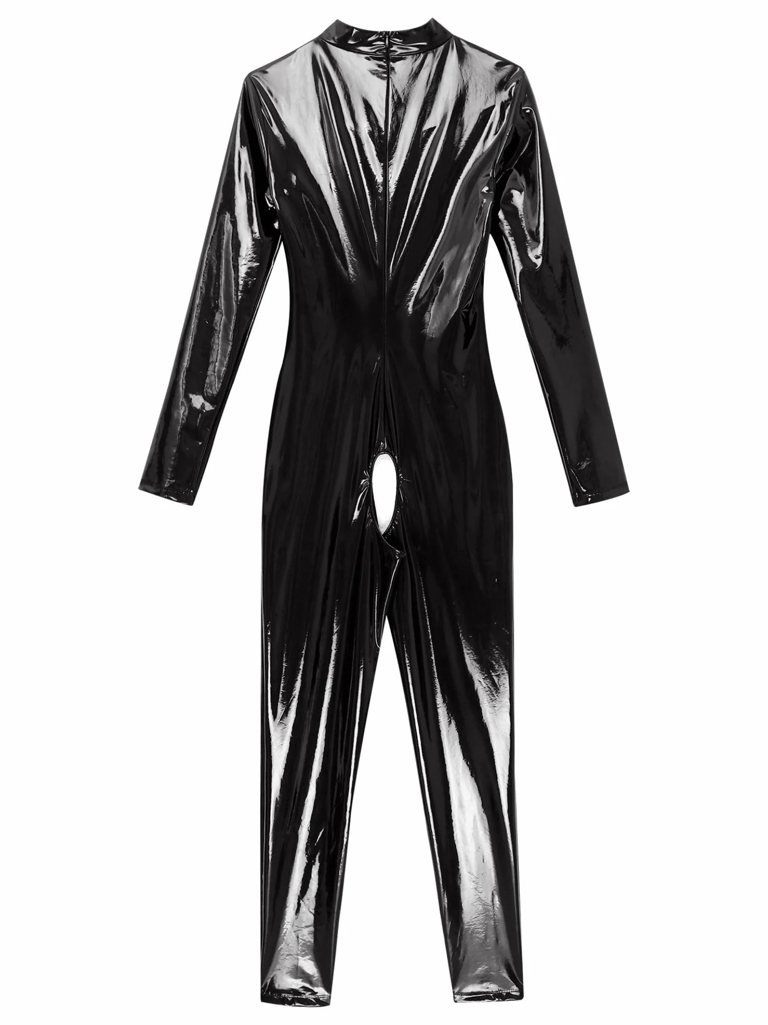 Sxiwei Donna Wetlook Bodysuit Ouvert Latex Catsuit Pelle Tuta Jumpsuit Maniche Lunghe Lingerie