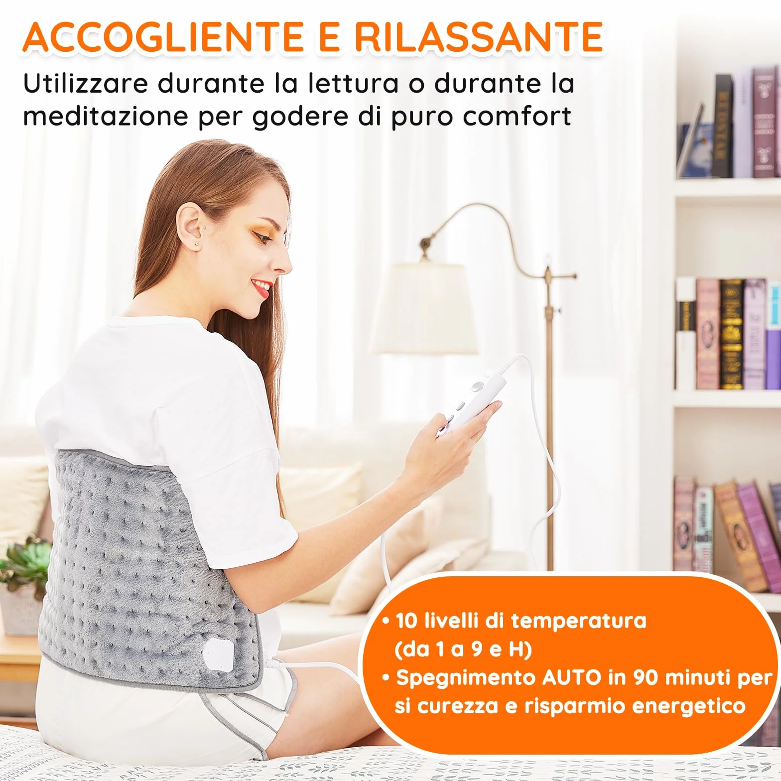 Cuscino Termoforo Elettrico Riscaldante 60x30cm, per alleviare il dolore, schiena collo spalle addome braccia e gambe, Spegnimento automatico in 90 minuti, 10 livelli di calore, lavabile in lavatrice