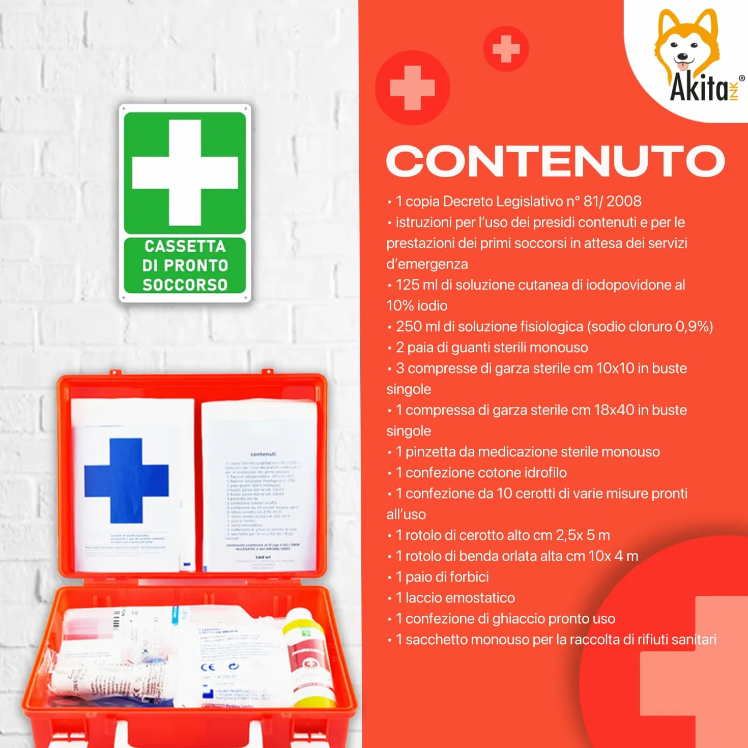 Akitaink Cassetta medica pronto soccorso ALLEGATO 2 aziende meno 3 dipendenti staffa muro Conforme DM388 DL81 Made in Italy