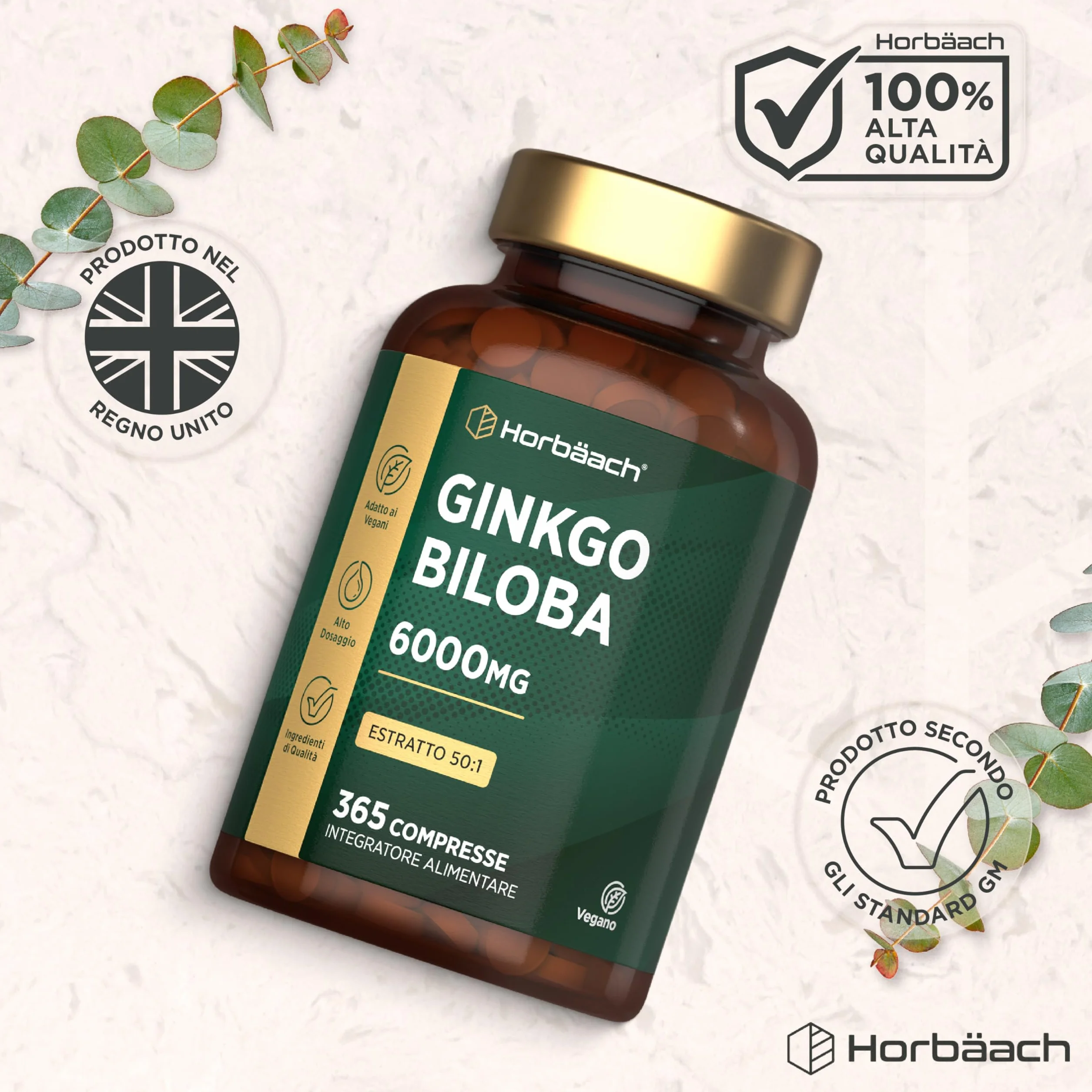Horbaach Ginkgo Biloba 6000mg 365 Compresse Vegane Estratto 50:1 Alto Dosaggio