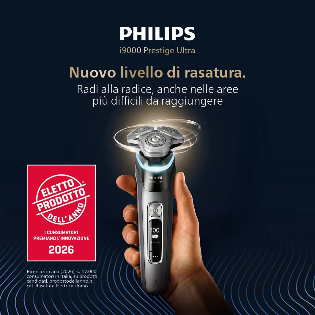 Philips Shaver i9000 Prestige Rasoio Elettrico Wet & Dry Skin IQ Triplo Sistema Lift & Cut Doppie Lame Acciaio 360º XP9207/30