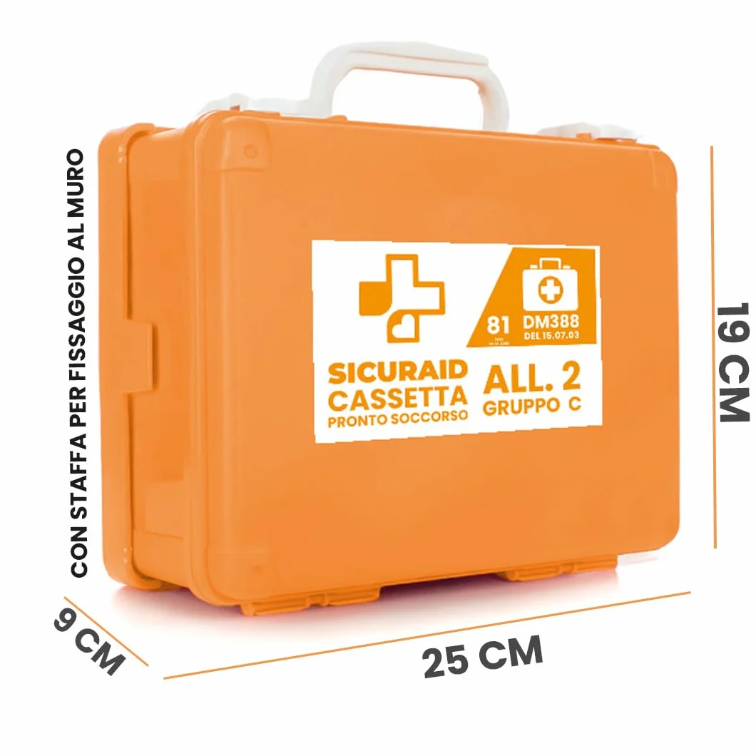 SICURAID Cassetta Pronto Soccorso Aziendale DM 388/2003 CE MDR Kit Medico Certificato Arancio Gruppo C 2 Dipendenti