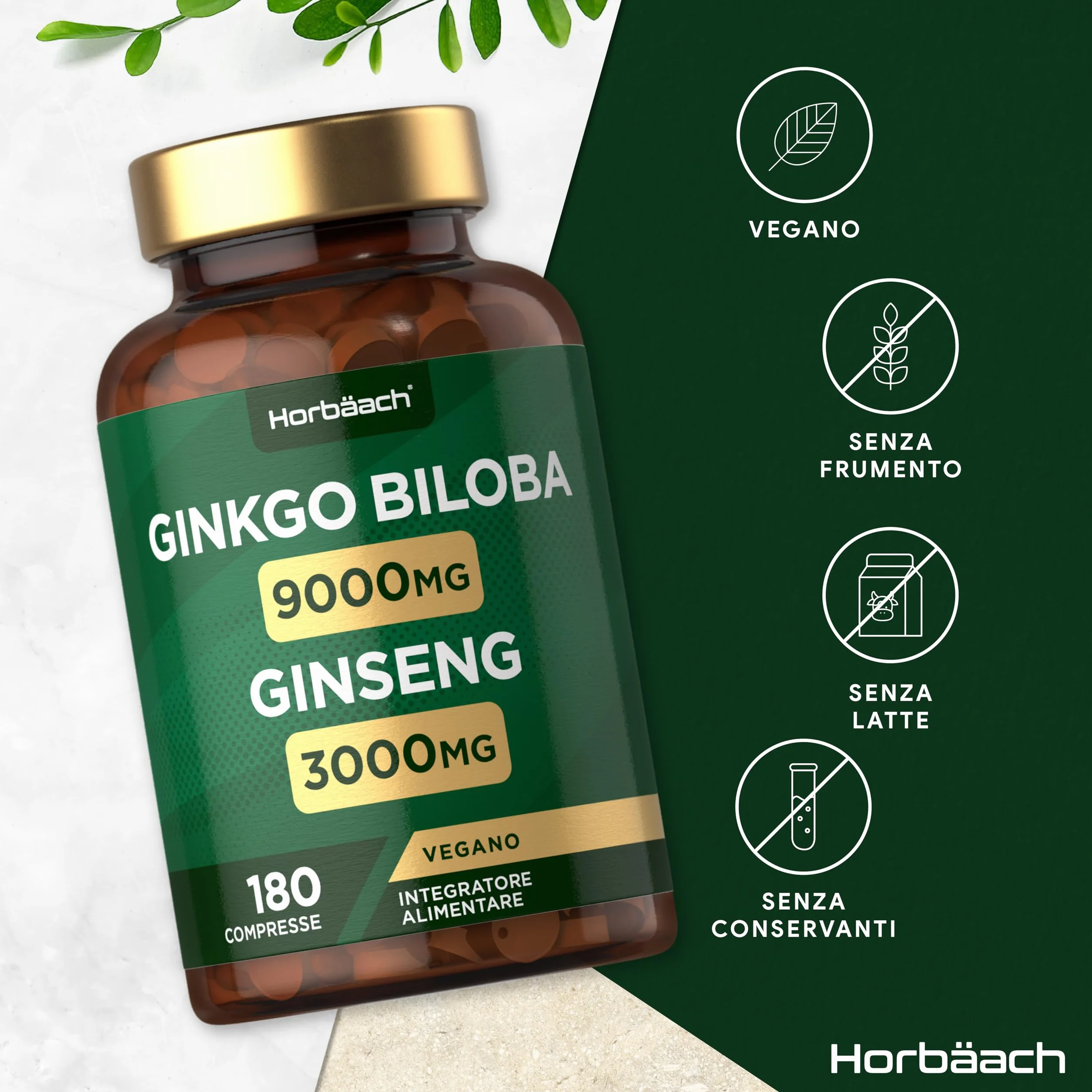 Ginkgo Biloba e Ginseng Integratore 12000mg | 180 Compresse Vegane | Ginkgo 9000 mg e Radice di Ginseng Coreano 3000 mg | di Horbaach
