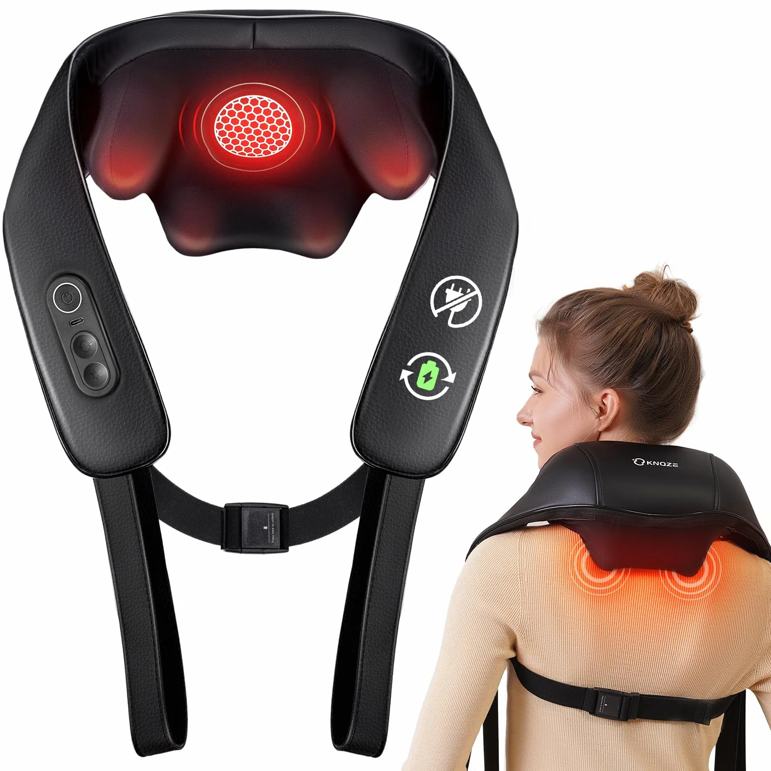 KNQZE® Massaggiatore cervicale senza fili, Massaggiatore schiena e collo ricaricabile, Massaggiatore shiatsu 4D con impastamento profondo, Riscaldamento al grafene potenziato, Regalo festa della mamma