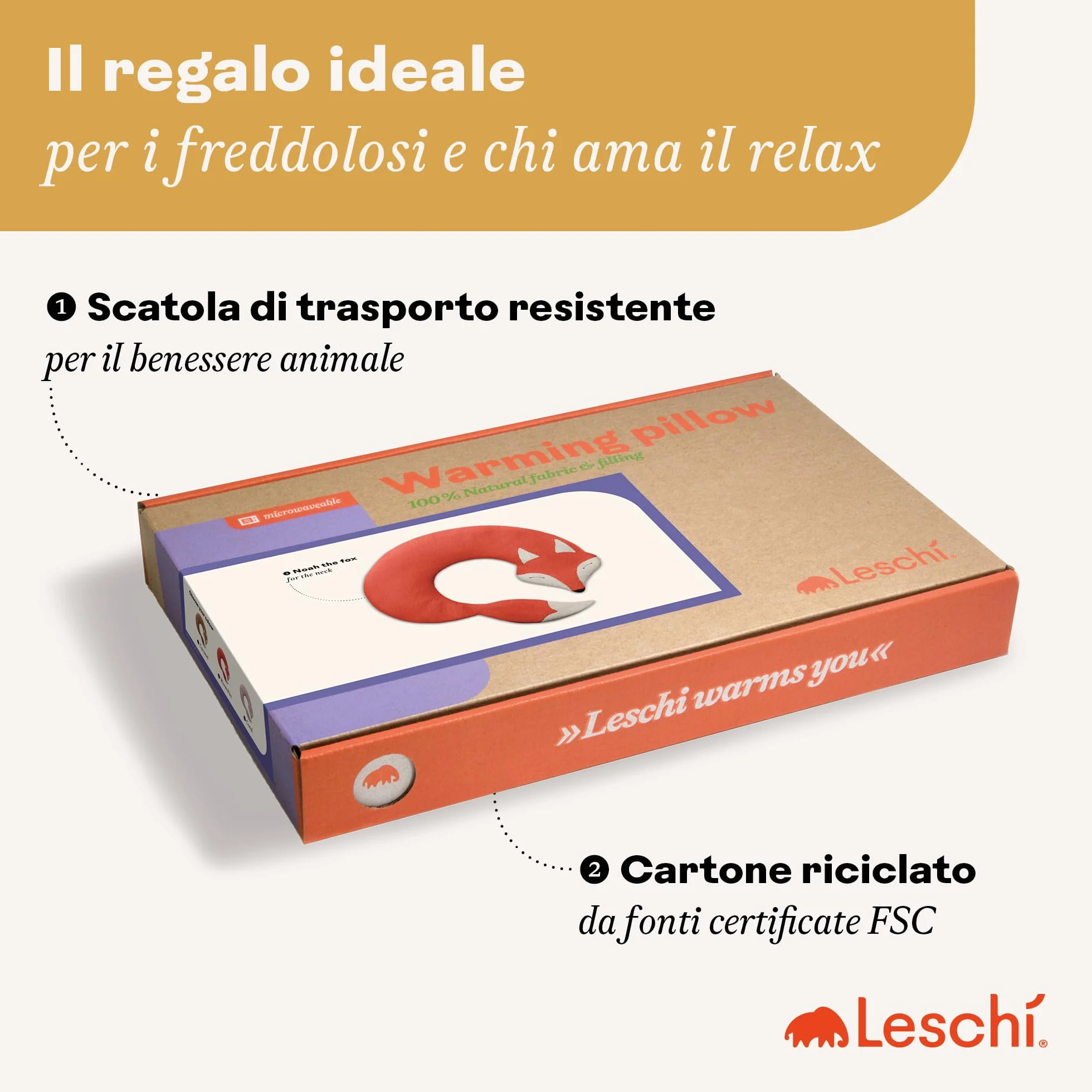 LESCHI Cuscino cervicale termico per microonde - 100% cotone e grano biologico - Cuscino riscaldante ideale per sciogliere tensioni a collo, spalle e schiena - Volpe, beige