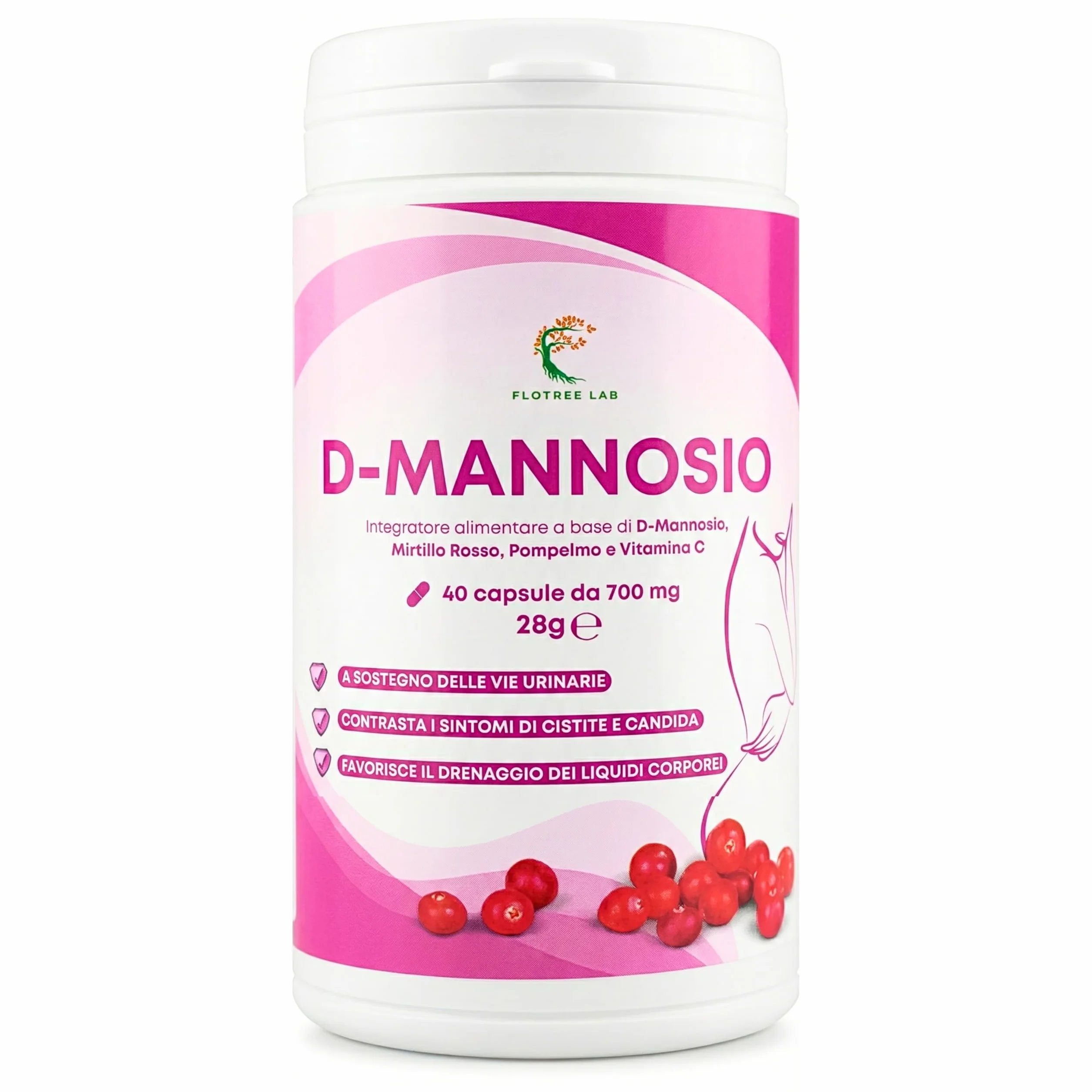 FloTree Lab® D Mannosio Cistite con Cranberry, Pompelmo e Vitamina C, 2000 mg, Integratore Vie Urinarie, 40 Capsule