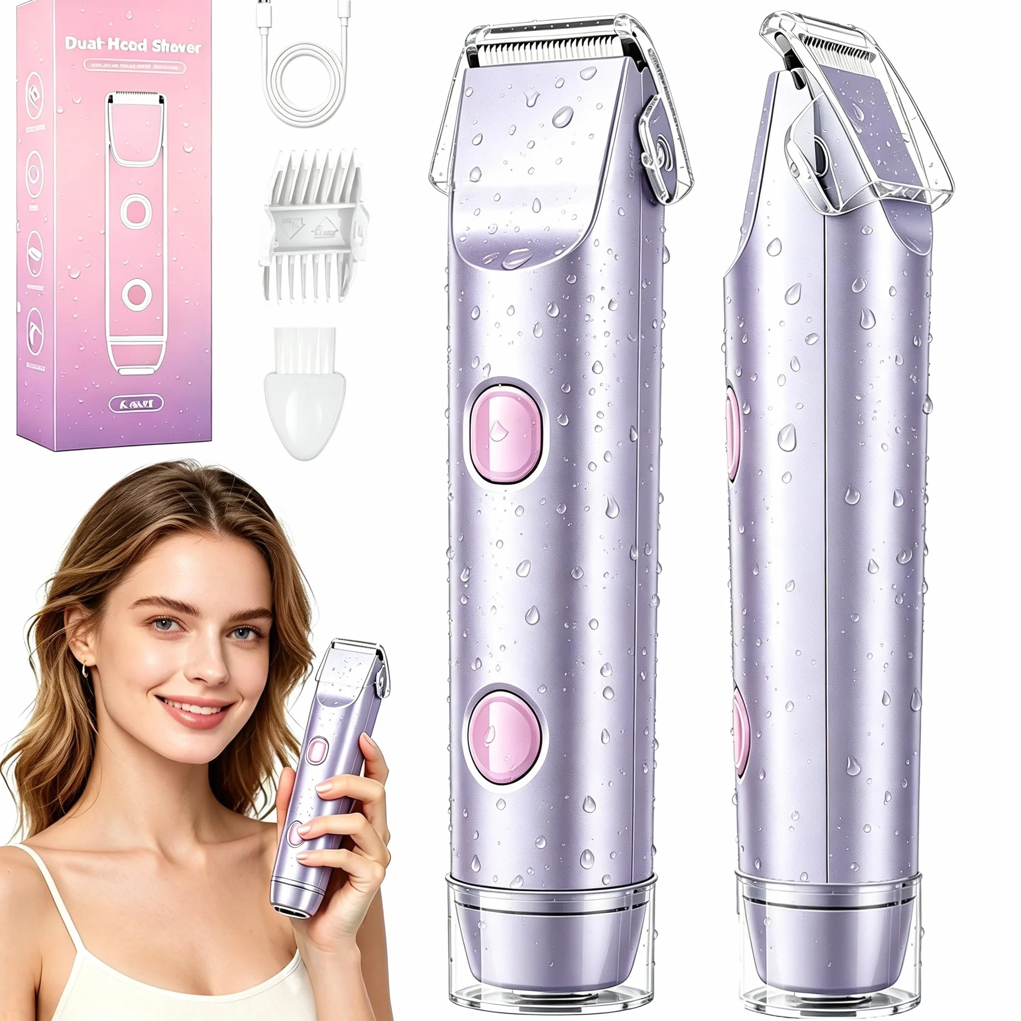 Rasoio Elettrico Donna, 2 in 1 Impermeabile Depilatore Corpo Donna, bikini a doppia testa, Tagliapeli corporeo per donna Epilatore, IPX7 Display LED Uso a secco/bagnato, Viso e Corpo (Viola)
