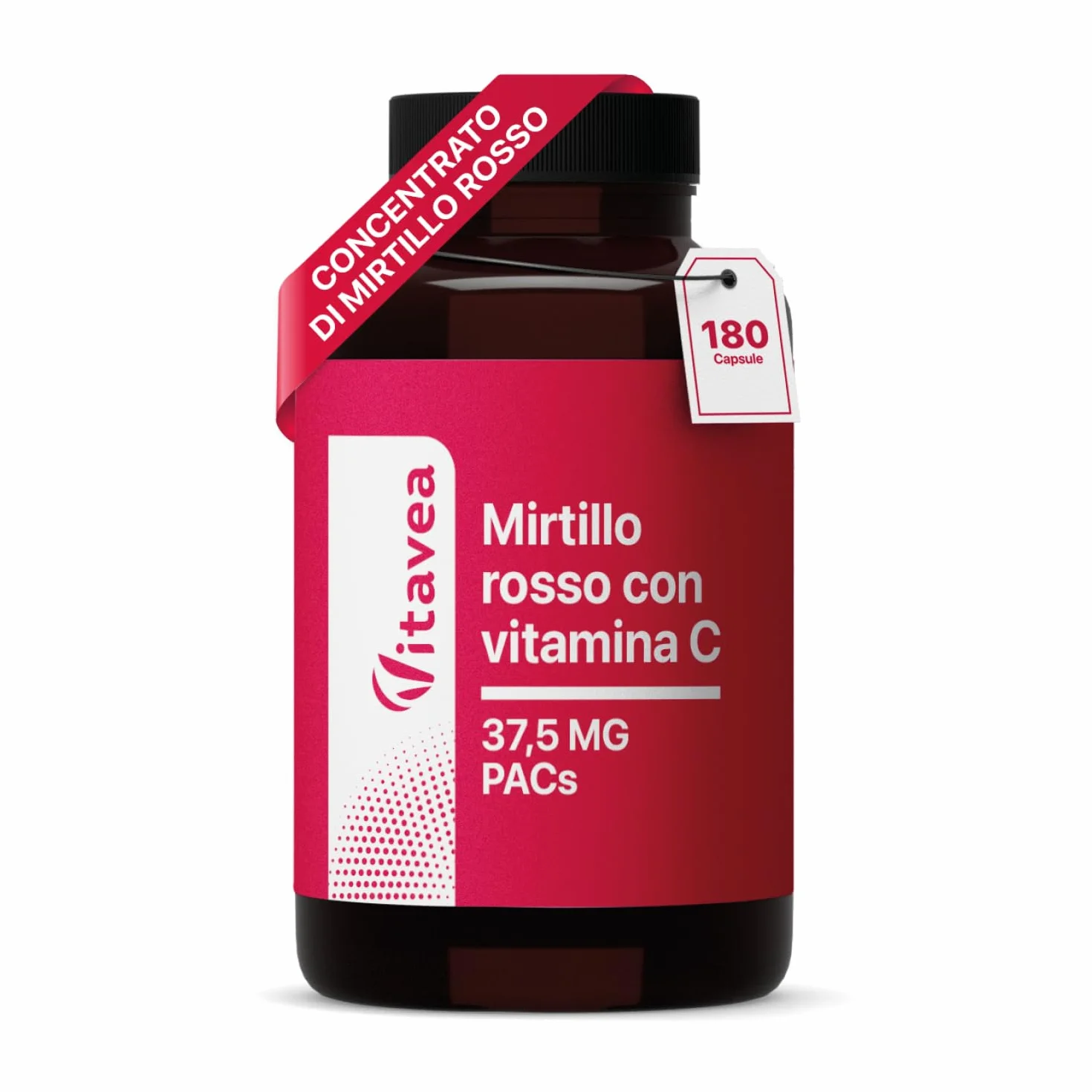 Mirtillo Rosso con Vitamina C – 1250 mg di succo di mirtillo rosso in polvere al giorno – 37,5 mg PAC – 180 capsule vegane – Senza additivi inutili – Vitavea