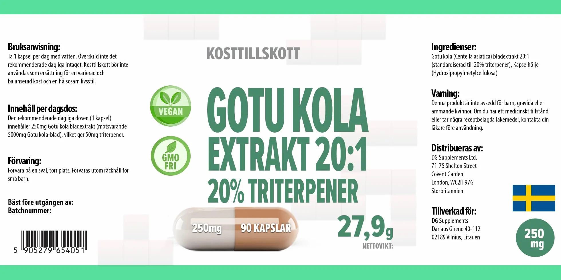 Hepatica Gotu Kola 5.000 mg Estratto 20:1 250 mg Triterpeni 20% 90 Capsule Vegane GMP
