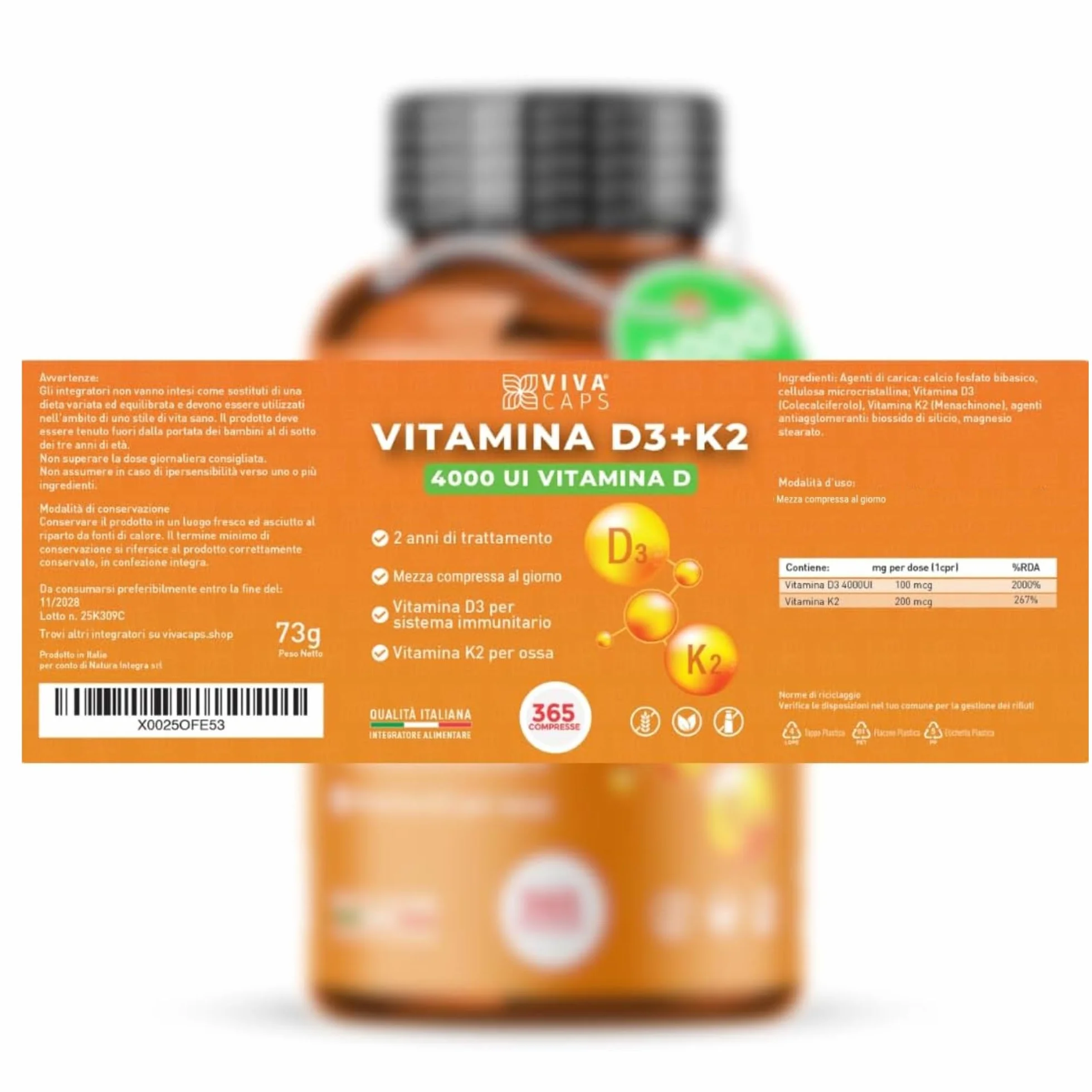 Vitamina D3 K2 MK7 Vegana Alto Dosaggio 365 Micro Compresse 4000 UI 200 mcg Menachinone Sistema Immunitario Ossa Denti Made in Italy