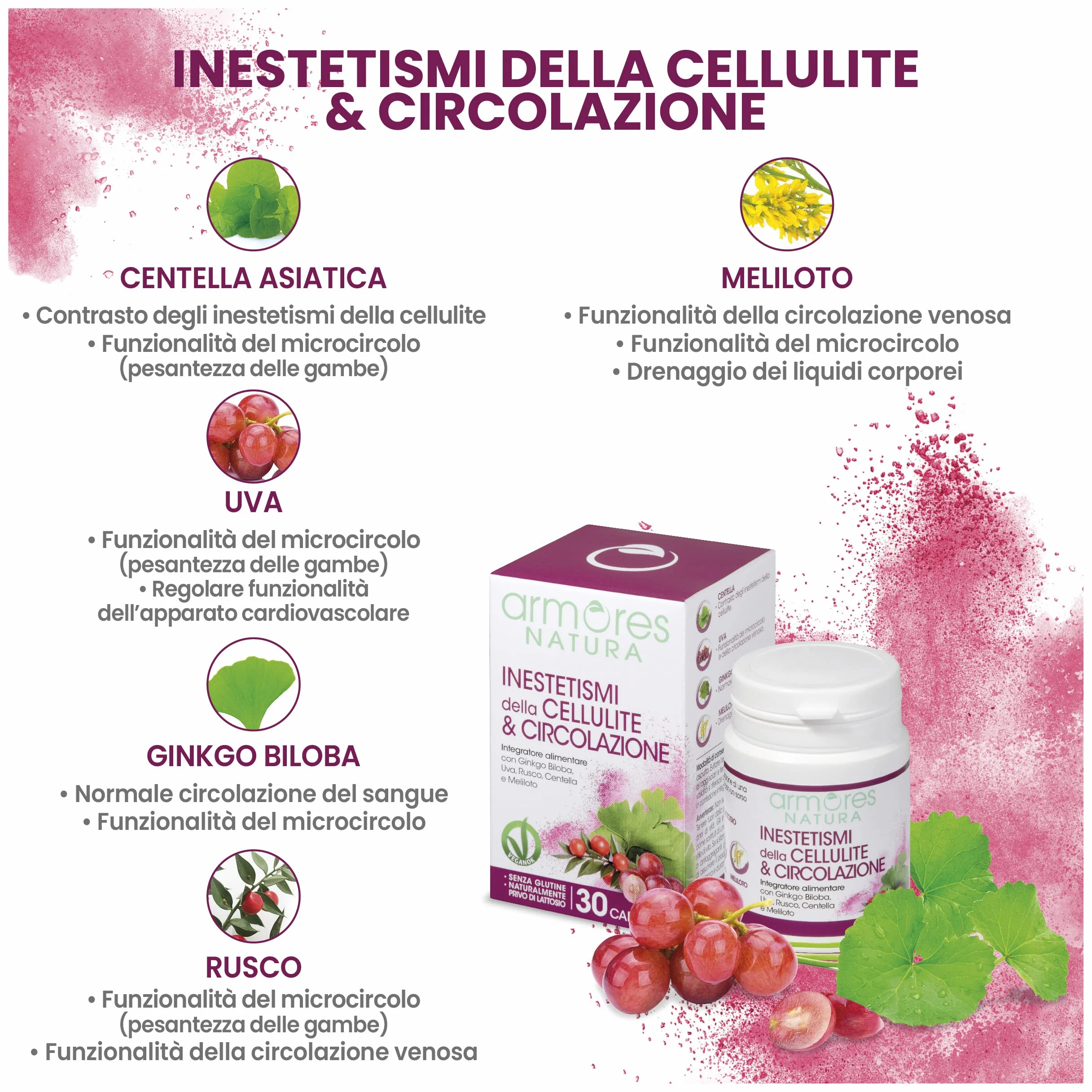 Armores Natura Integratori Alimentari, Inestetismi della Cellulite & Circolazione, Aiuta il Microcircolo, Anticellulite, a Base di Ginkgo Biloba, Uva e Centella, Vegano, Astuccio 30 Capsule