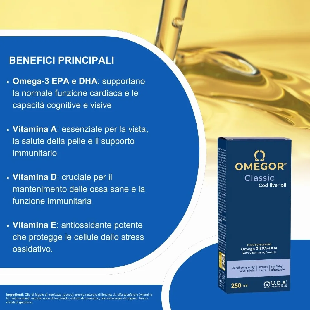 OMEGOR Classic Olio di Fegato di Merluzzo Liquido 250ml - Omega 3 1000mg con Vitamine A, D, E - 540mg DHA 360mg EPA