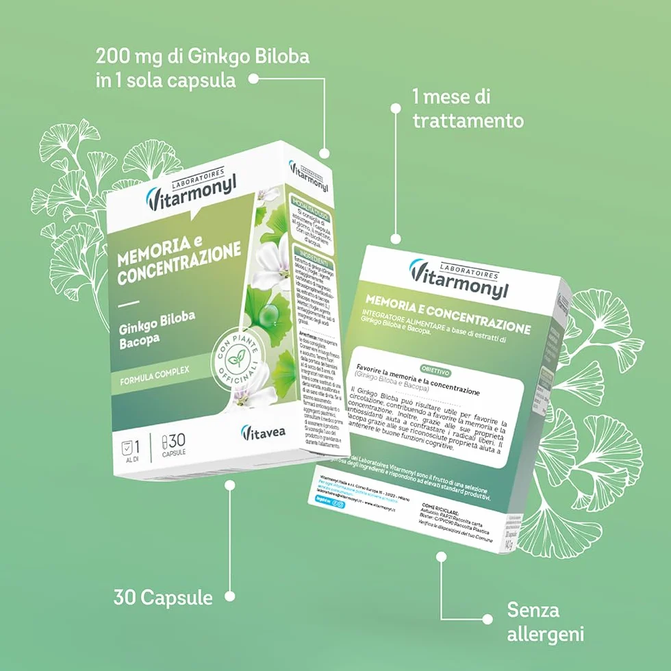 Integratore Alimentare Memoria e Concentrazione Ginkgo Biloba Bacopa 30 capsule Vitarmonyl