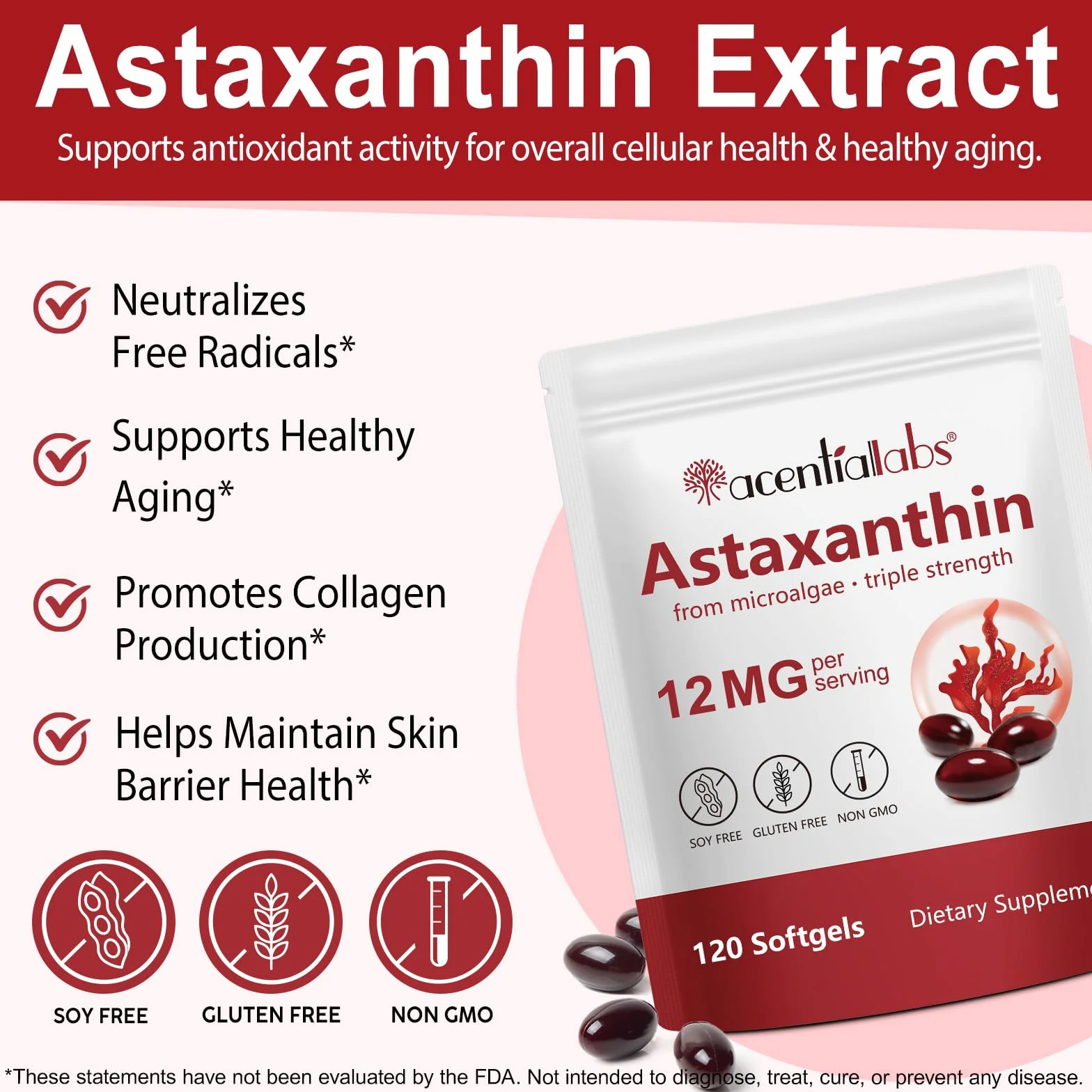 Astaxantina 12 mg 120 Softgel Integratore Antiossidante Tripla Forza Da Microalghe Fresche