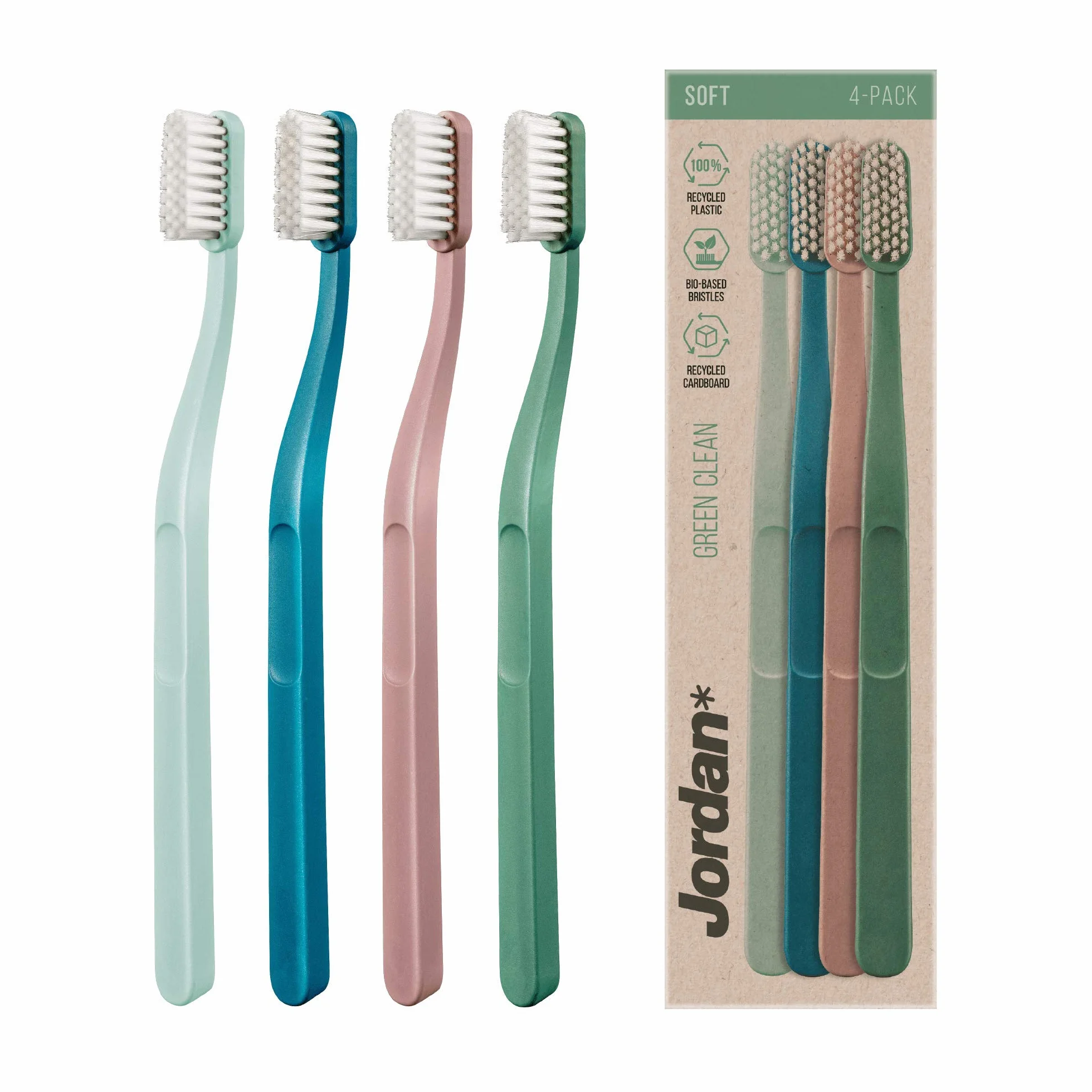 Jordan* ® | Spazzolino manuale da denti Green Clean, sostenibile realizzato con materiali riciclati | Ecologico | Setole morbide | Colore misto | Confezione da 4 unità