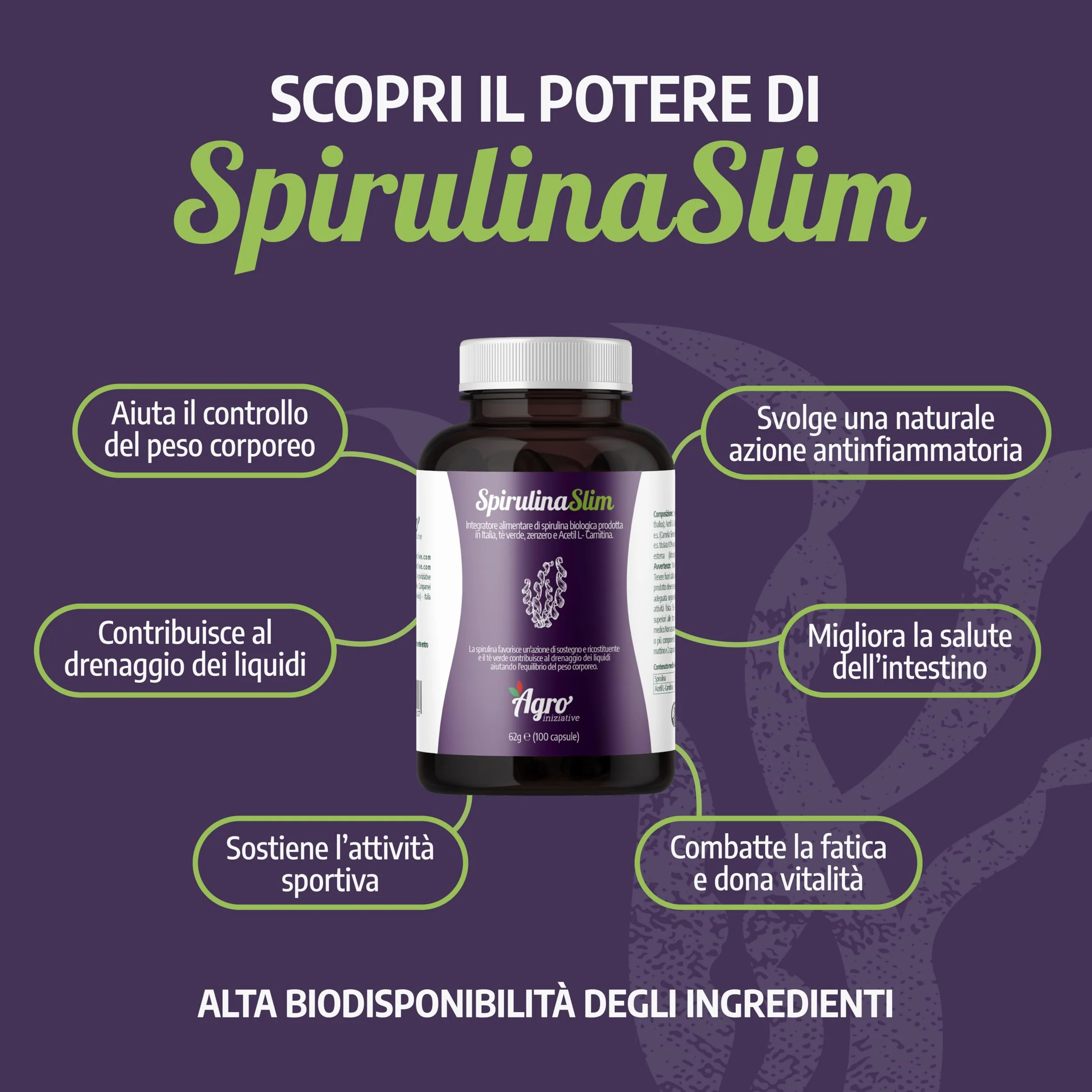 Spirulina Slim 100 Cps Alga Spirulina Biologica Drenante Detox Senza Iodio E Caffeina Con Zenzero Acetil L-Carnitina E Greenselect