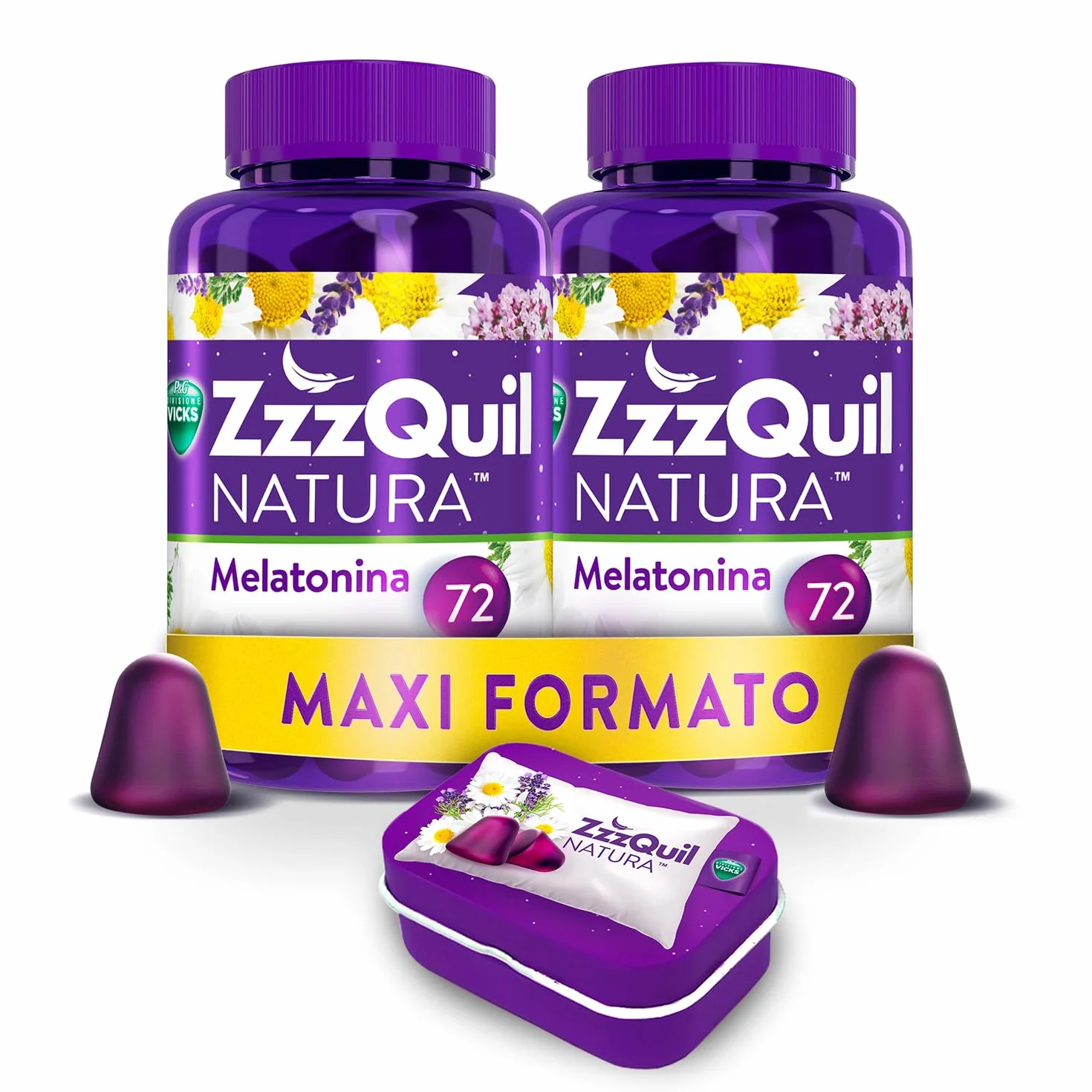 ZzzQuil Natura Integratore con Melatonina pura ed Estratti Di Valeriana Per Dormire, Camomilla e Lavanda, Maxi Formato Frutti Di Bosco 2x72 Gommose + Travel Case Viola