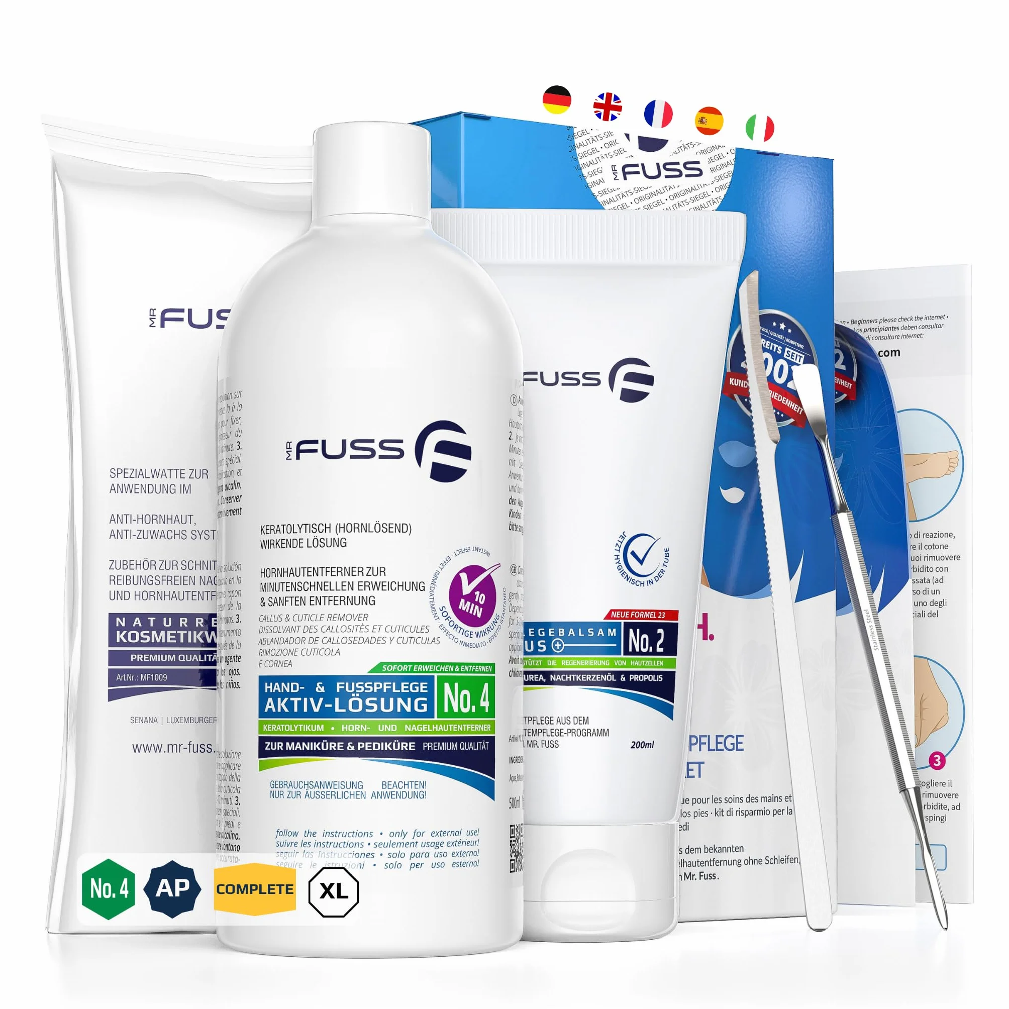 Mr. Fuss N. 4 Advanced Pack Complete Grande 5 Pezzi Soluzione Attiva Ammorbidente Rapido 500 ml Balsamo N. 2 200 ml Set Cuticole