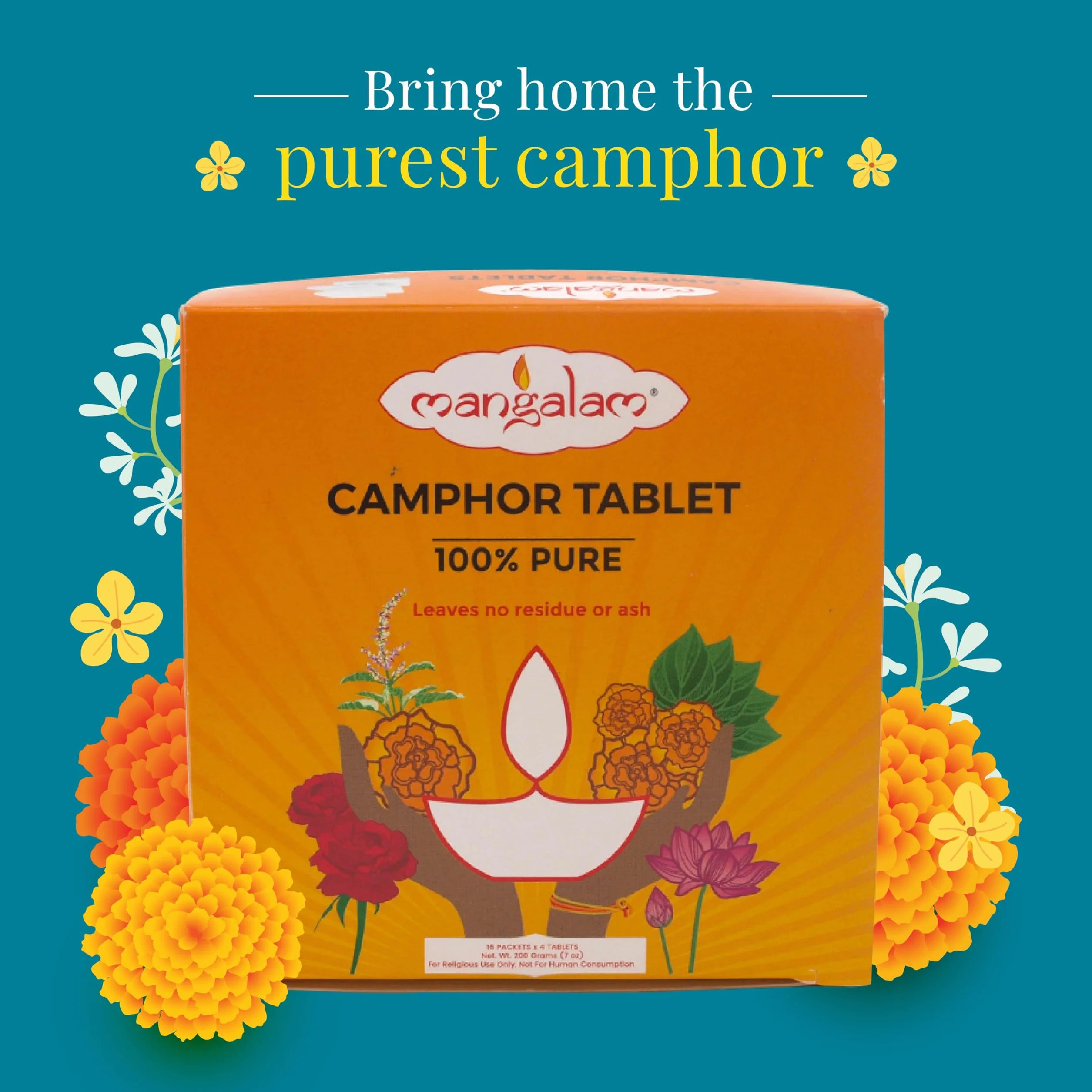 MANGALAM Compressa di canfora con involucro in cellophane, 200 g, confezione da 1, 100% pura, per puja, festival e altri rituali religiosi, senza sostanze chimiche pericolose