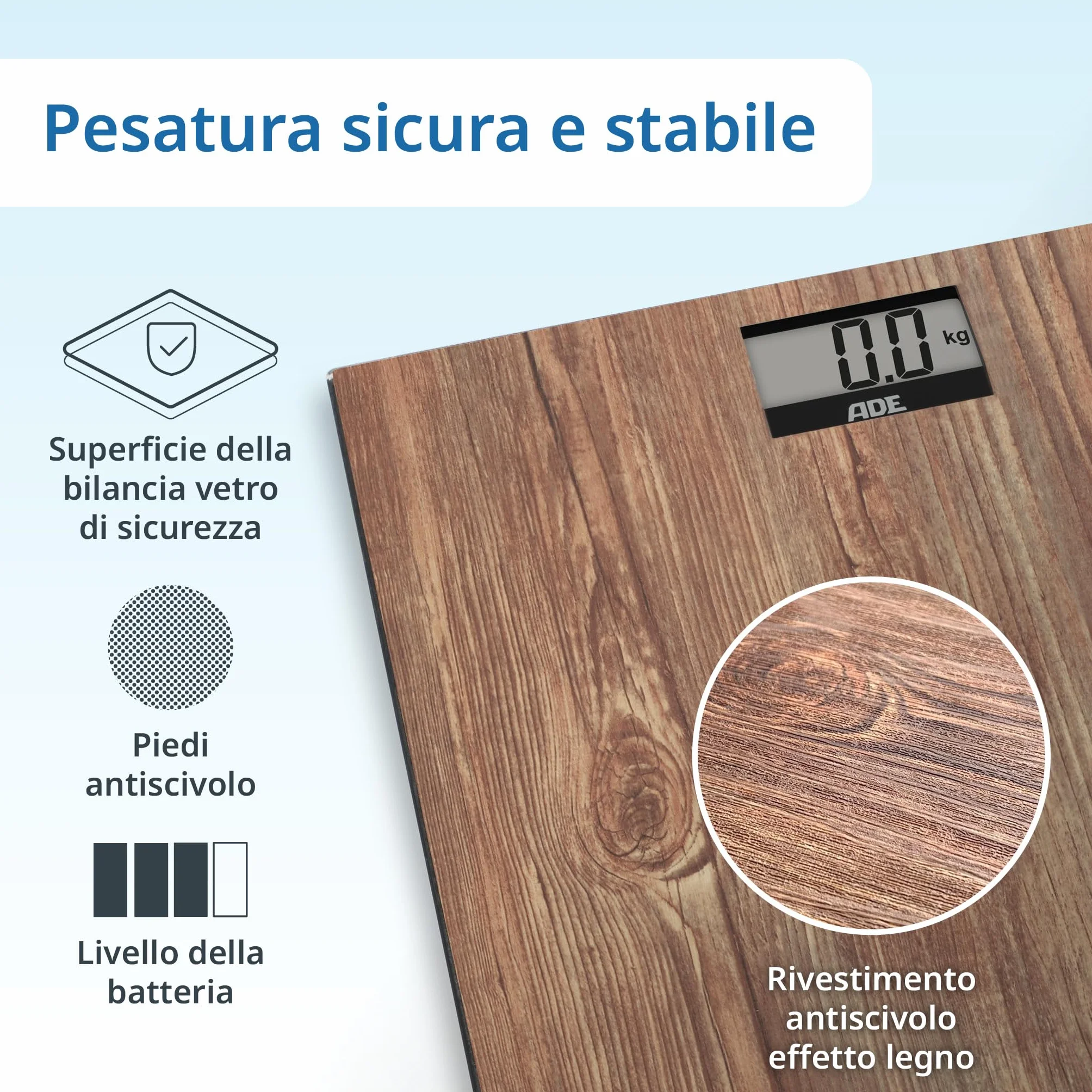 ADE Bilancia pesapersone digitale in accogliente look legno | ampio display | superficie di pesatura antiscivolo in vetro di sicurezza | risultati di pesatura accurati | fino a 180 kg