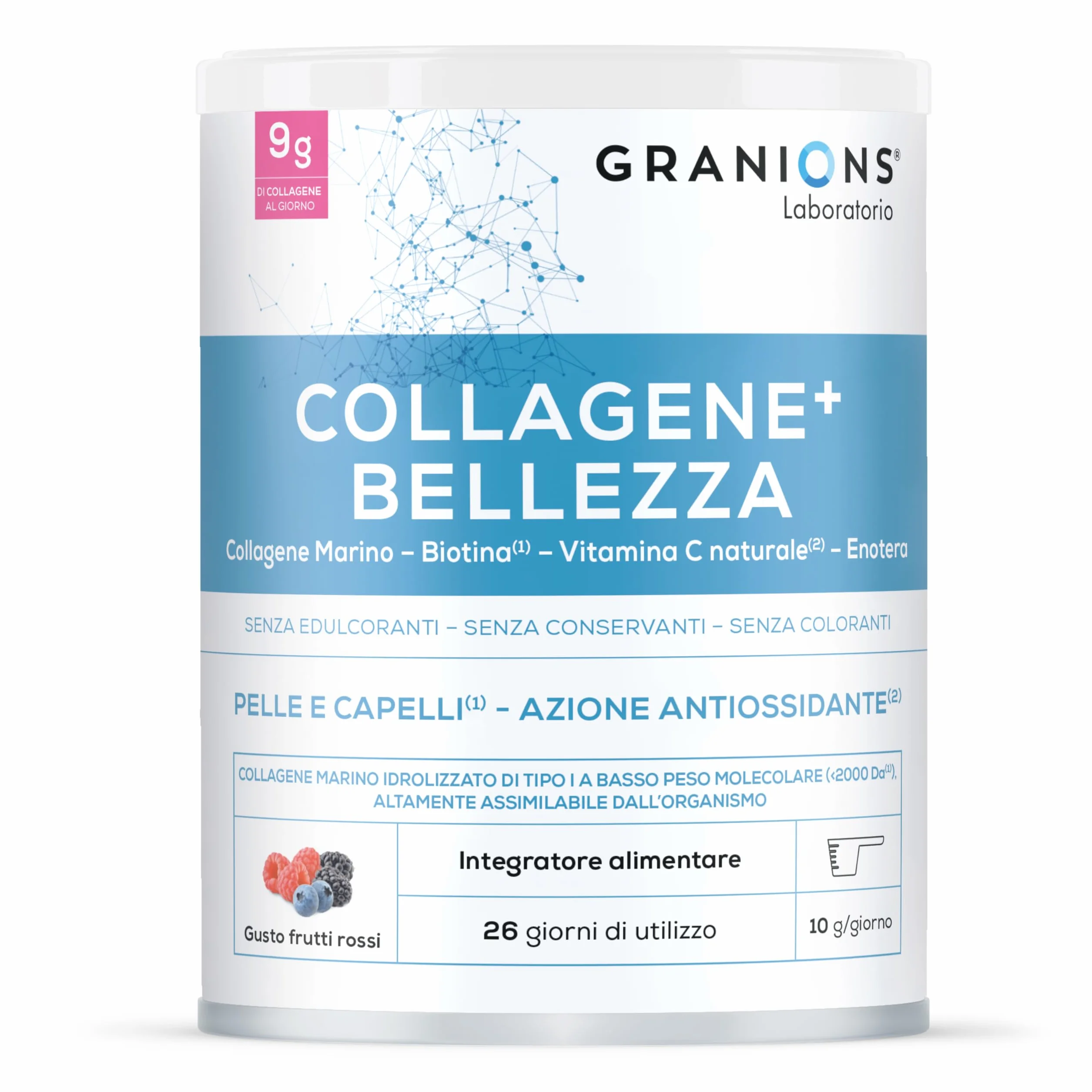 GRANIONS Collagene+ Bellezza in Polvere 260 g | 9 g Collagene Marino Tipo I | Acido Ialuronico + Biotina + Vitamina C + Enotera | Aroma Frutti Rossi | 26 Giorni