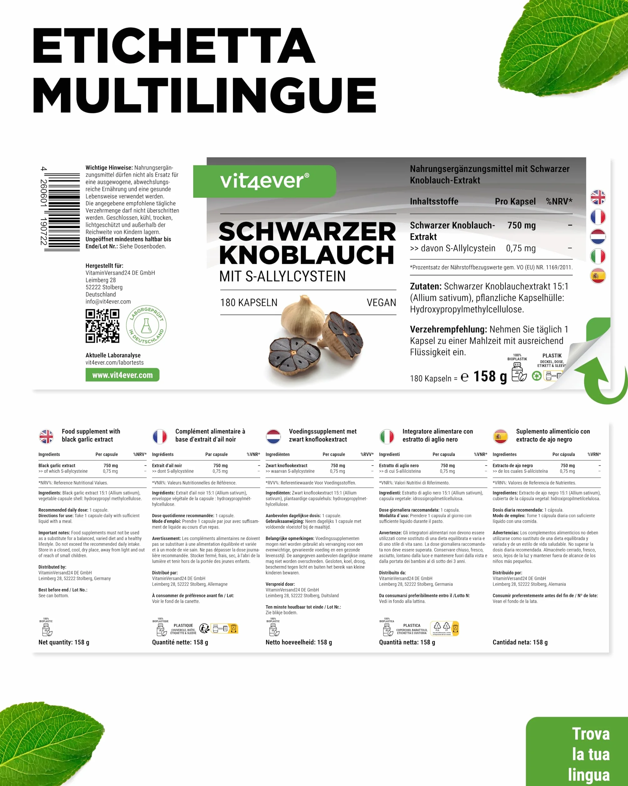Aglio nero 15:1 Estratto - 180 Capsule da 750 mg - Premium: Con S-Allylcysteine (SAC) - Fermentato - Inodore - Testato in laboratorio - Altamente dosato - Vegan