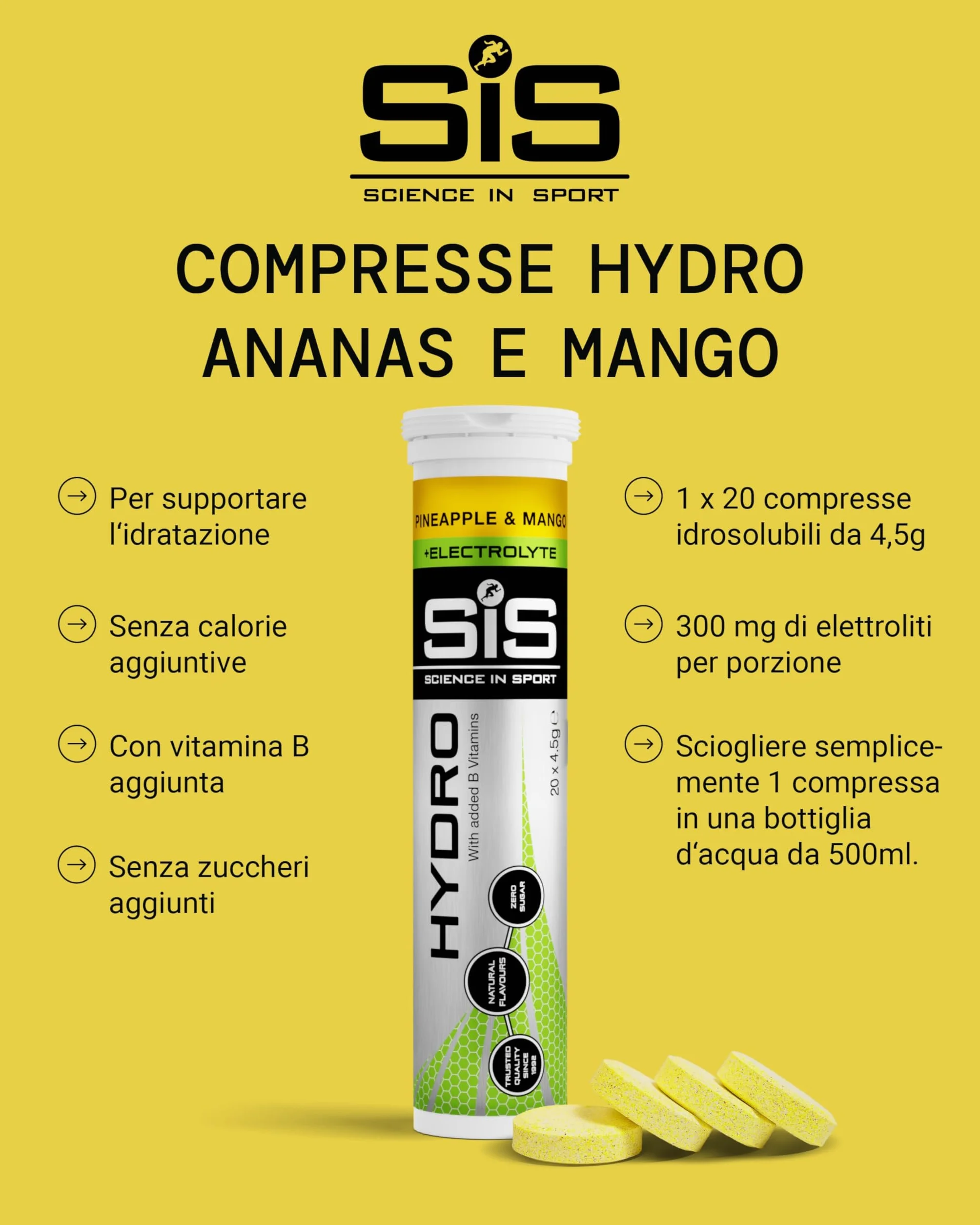 Science in Sport HYDRO Compresse Elettroliti Ananas e Mango 20pz Vegan