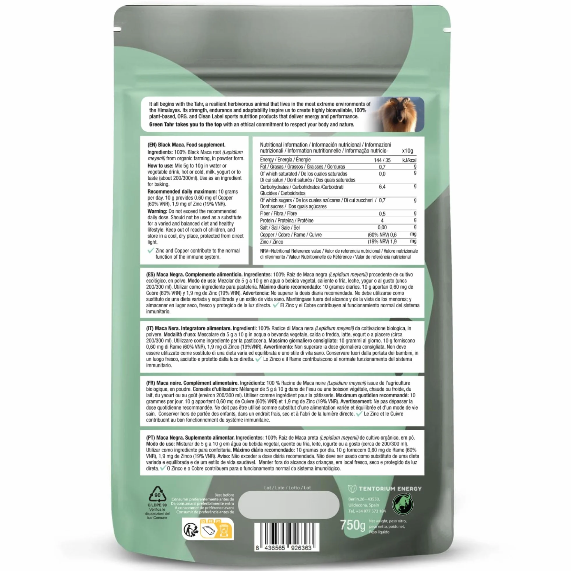 Green Tahr Maca Nera Peruviana in Polvere Bio 750g. 100% Pura estratta dalla Radice. Integratore Energizzante. Black Maca Root Powder Andina, Vegana e Senza Glutine