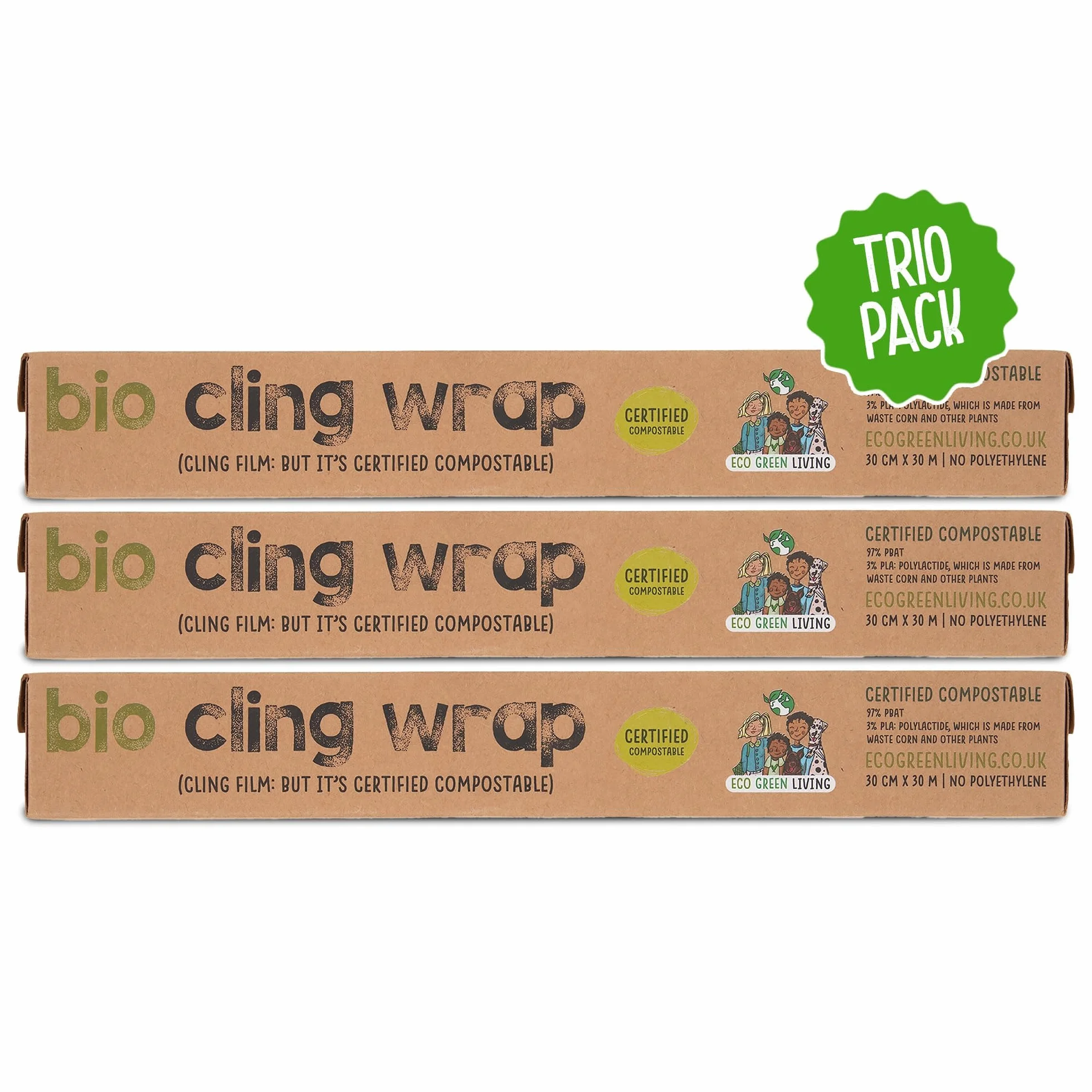 Pellicola trasparente biodegradabile Eco Green Living, 100% compostabile, senza BPA e plastica, vegana, adatta a dispenser in cartone riciclabile. Confezione da 3 rotoli da 30 cm x 30 m