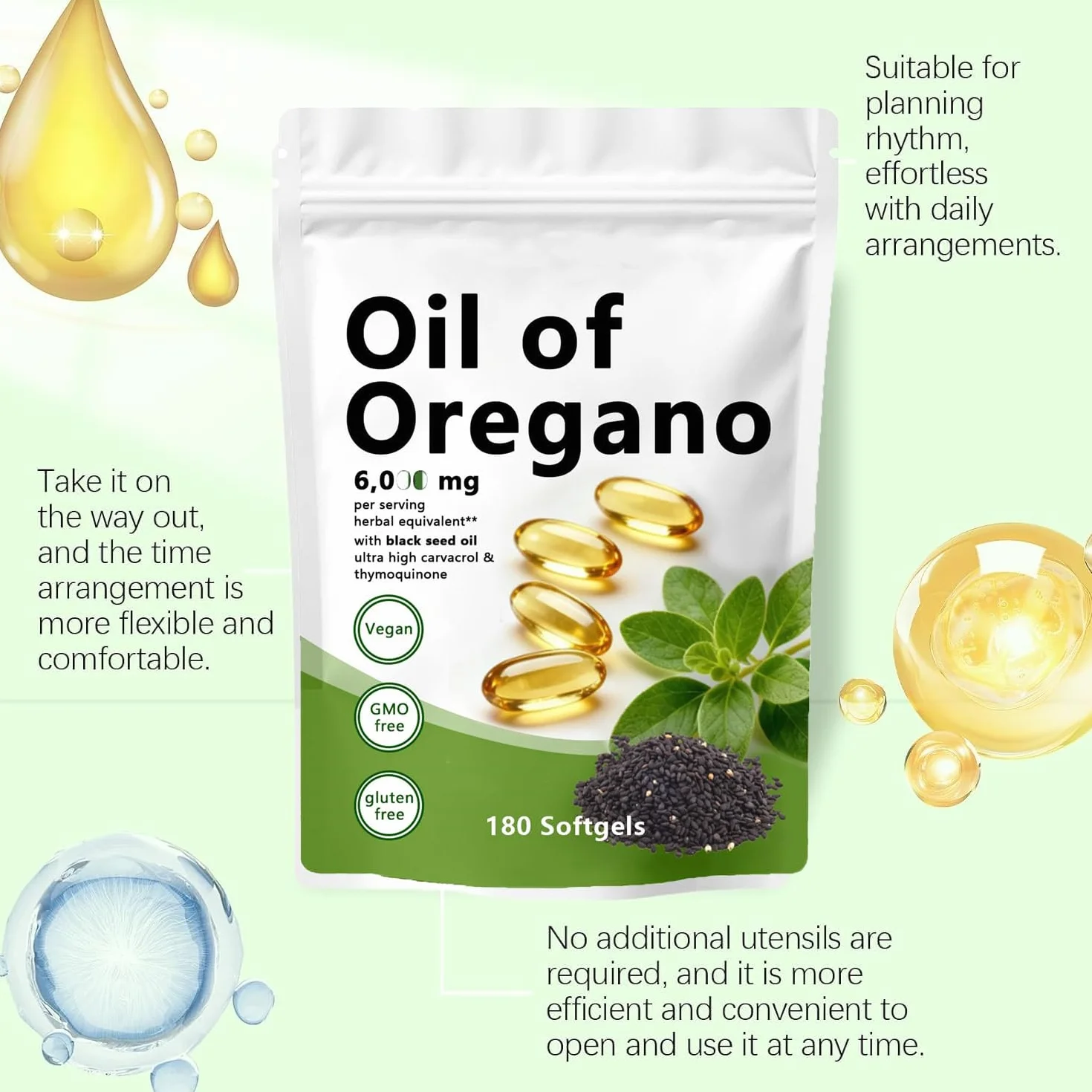 Olio di origano Softgels 180 pezzi 2 in 1 formulato con olio di semi neri carvacrolo timochinone 4X forza Non OGM senza glutine