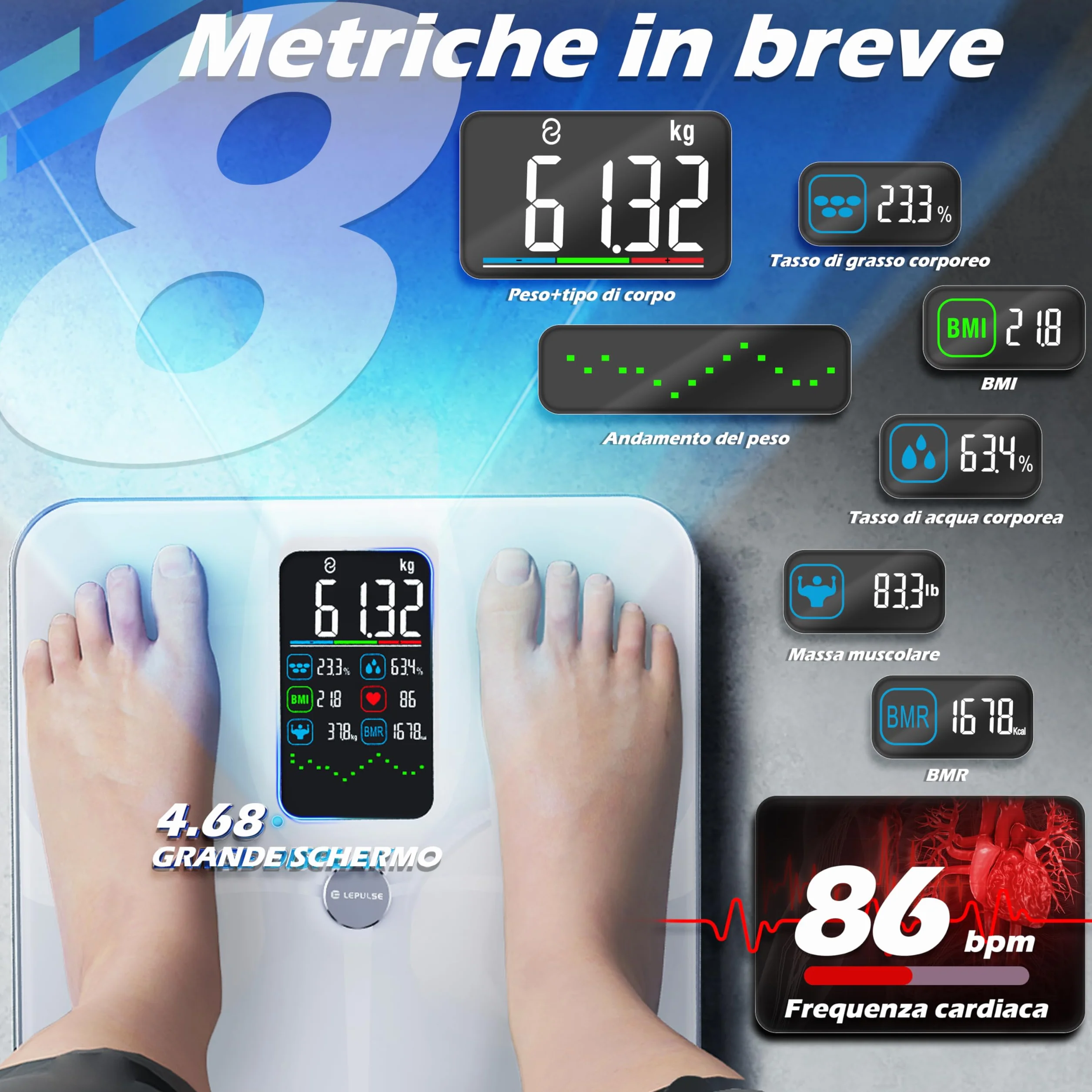 Lepulse Bilancia Impedenziometrica Intelligente Display Grande, Analisi Grasso Corporeo, Massa Muscolare, IMC, 22 Misurazioni con App