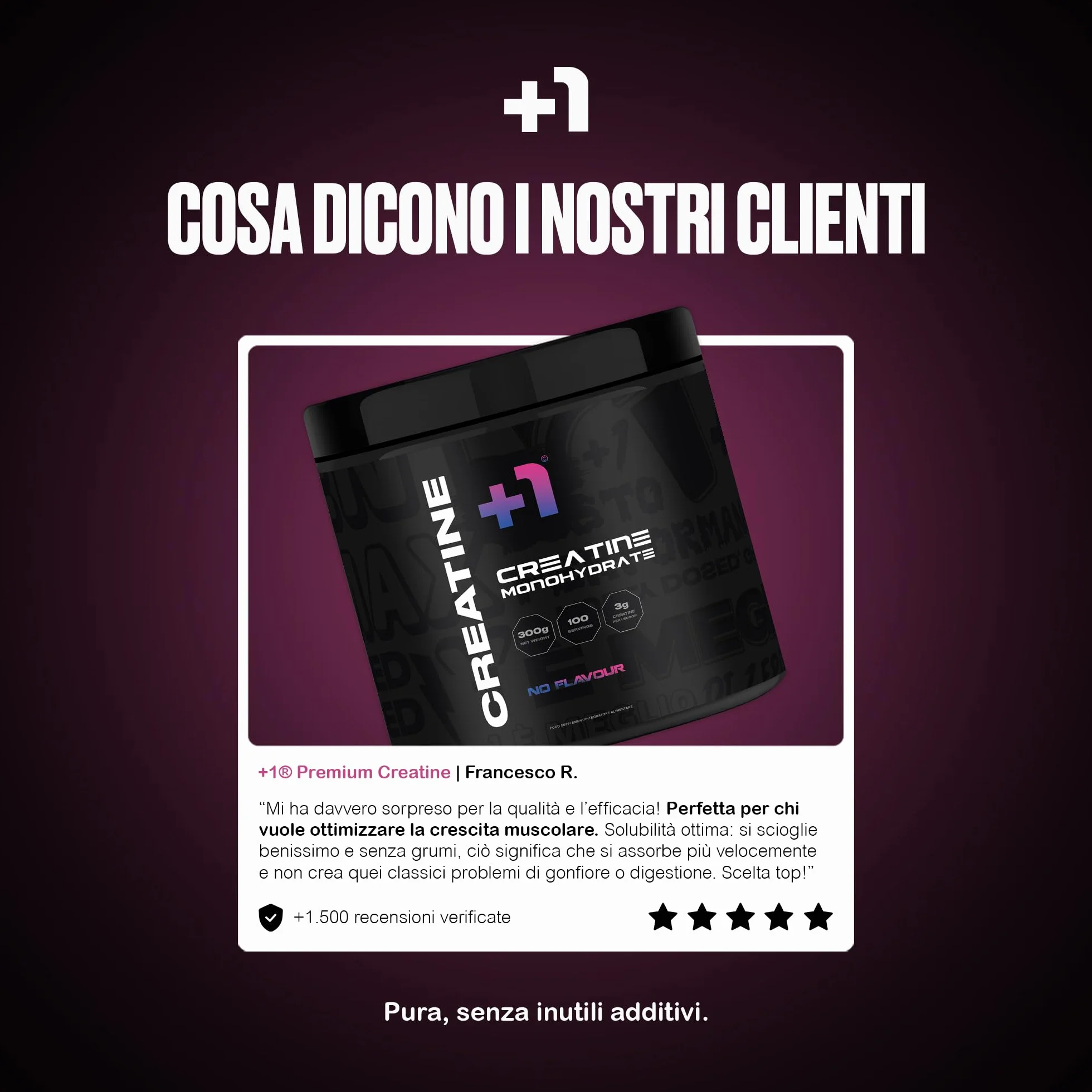 +1® Creatina Monoidrato in Polvere Premium - Crescita Muscolare, Forza e Resistenza - Riduce Fatica - Recupero Muscolare - 200 Mesh Pura al 99,5% - 300 g, 100 Porzioni - Neutro