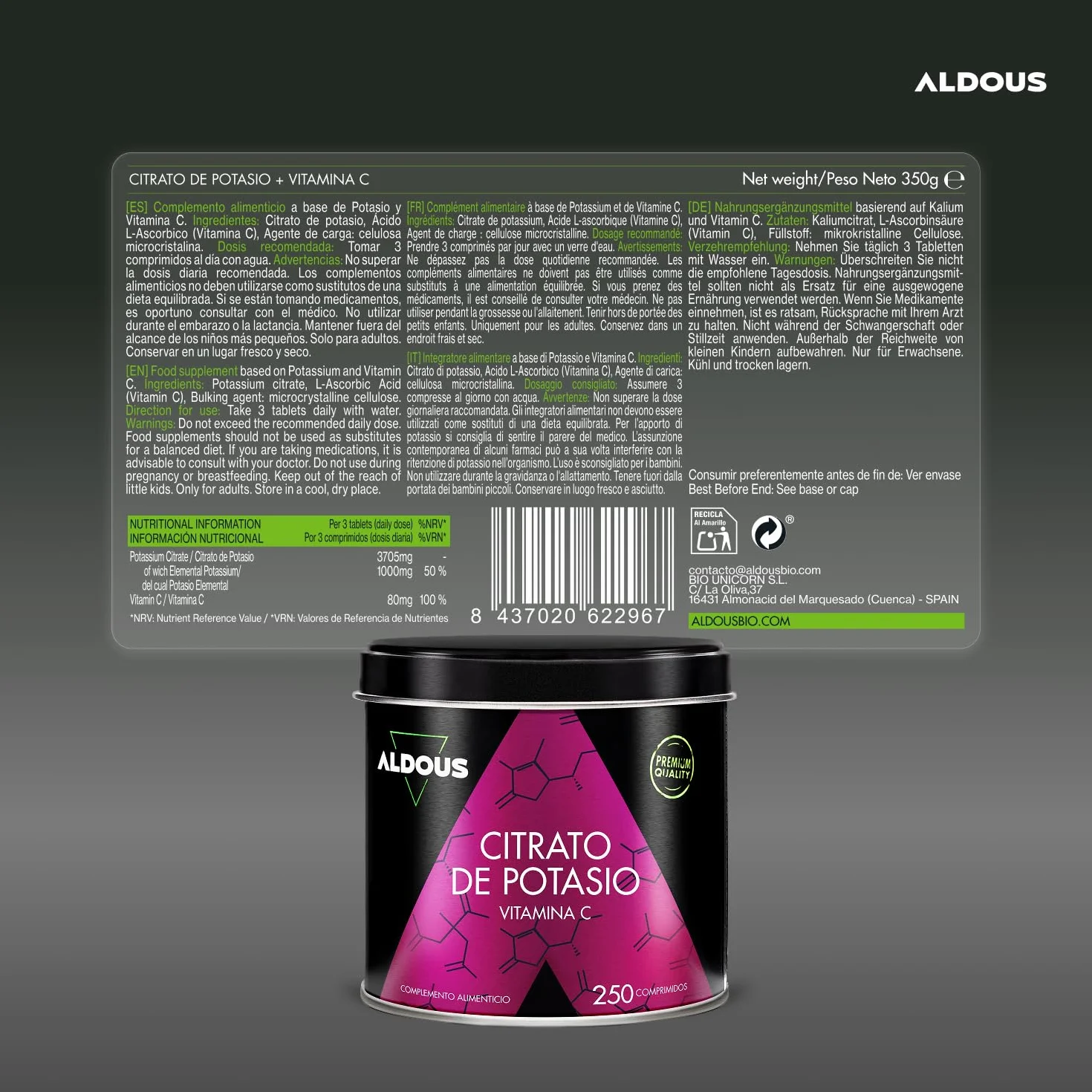 Potassio Citrato 3705 mg - 250 Compresse - 1000mg Potassio Elementare Alto Dosaggio - Potassio Integratore per Adulti - Muscoli, Stanchezza e Pressione Sanguigna, Sistema Nervoso - ALDOUS