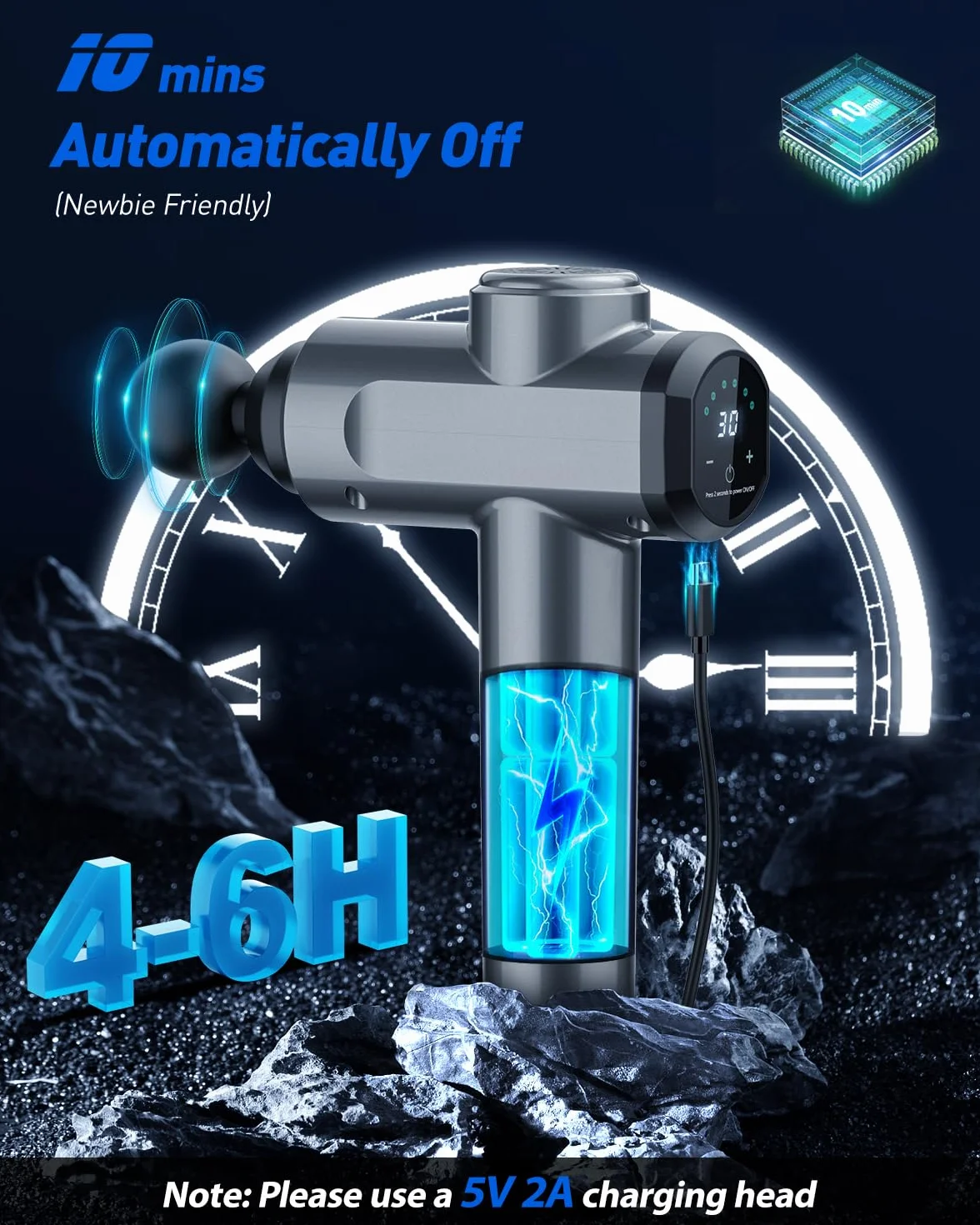 Pistola Massaggio Muscolare Professionale, 30 Velocità 3300rpm Massaggiatore con 6 Testine, 12mm Penetrazione, 45dB Silenzioso, Batteria 4-6h, LCD Touch – per Sportivi, Fitness, Anticellulite