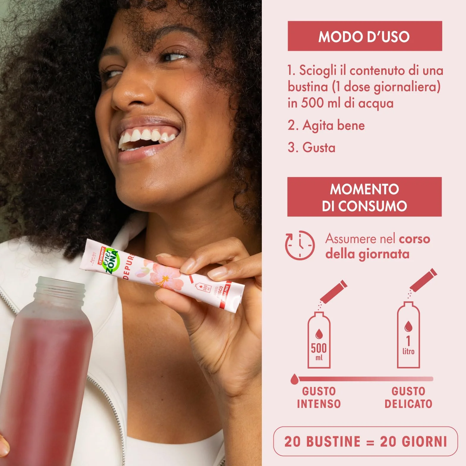 Enervit EnerZona Care Depure Integratore Alimentare Drenante Antiossidante 20 Bustine Zero Zuccheri Gusto Ibisco