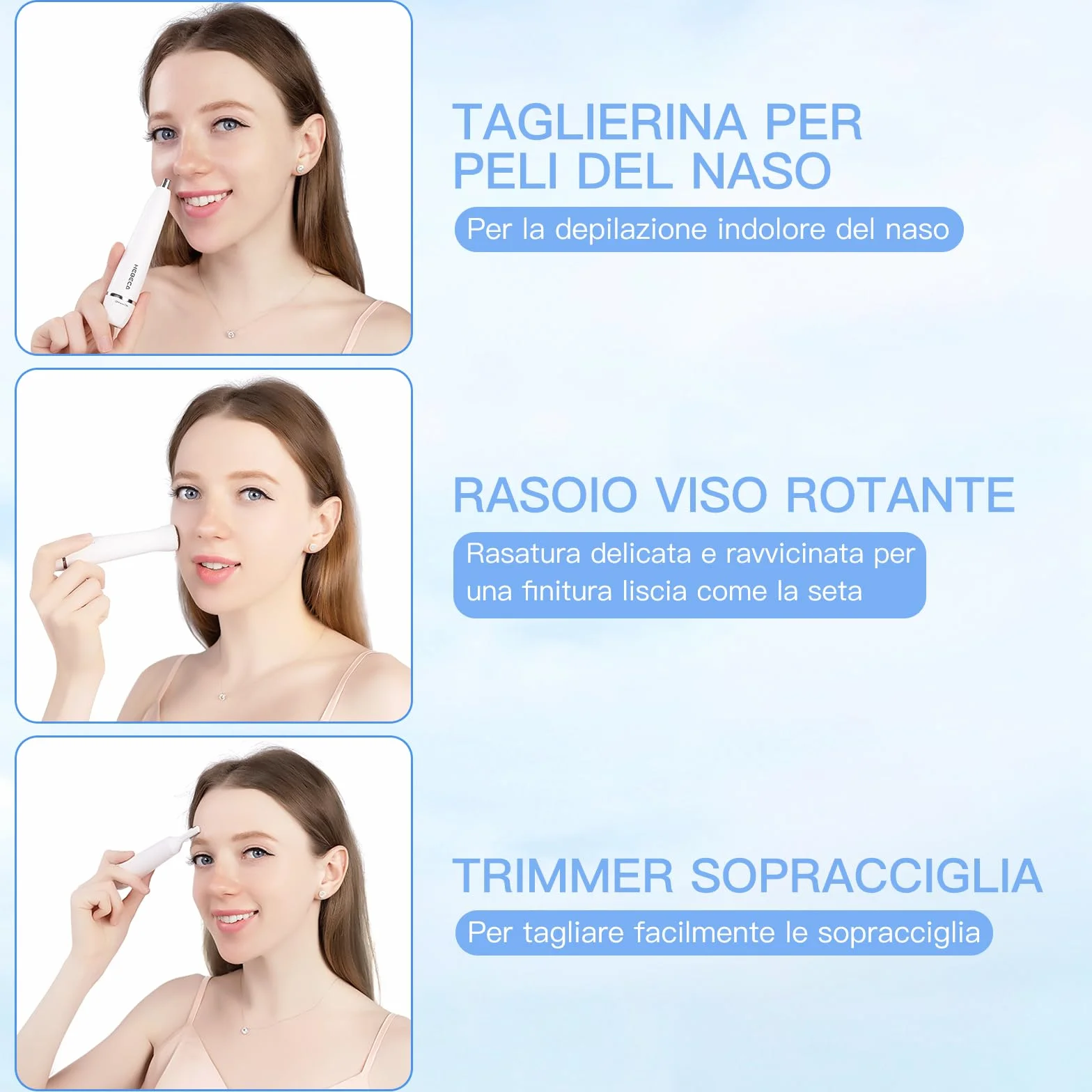 Rasoio Elettrico Donna 3 in 1 Epilatore Viso Portatile Sopracciglia Tagliapeli Naso Orecchie Ricaricabile Impermeabile