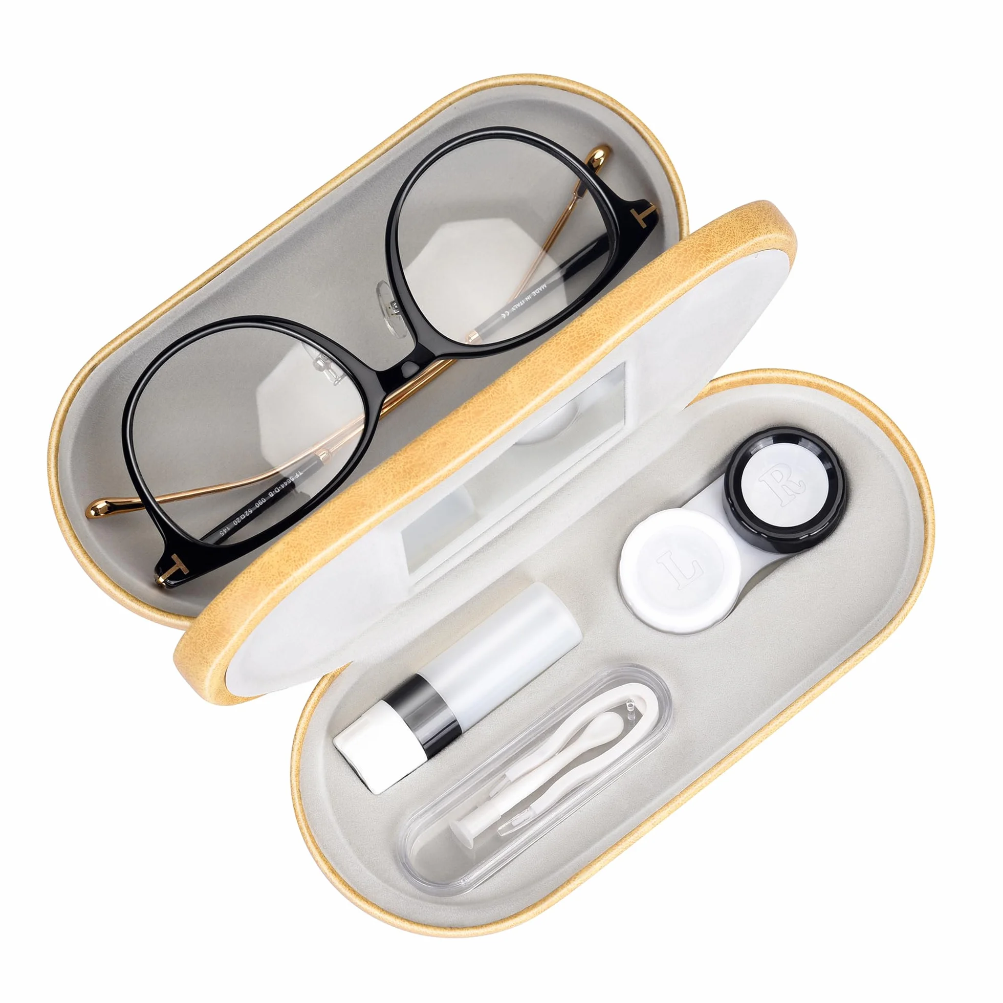 Muf 2 in 1, custodia per lenti a contatto portatile e custodia per occhiali, design doppio uso con specchio integrato, pinzette e soluzione per lenti a contatto, bottiglia inclusa per set da viaggio