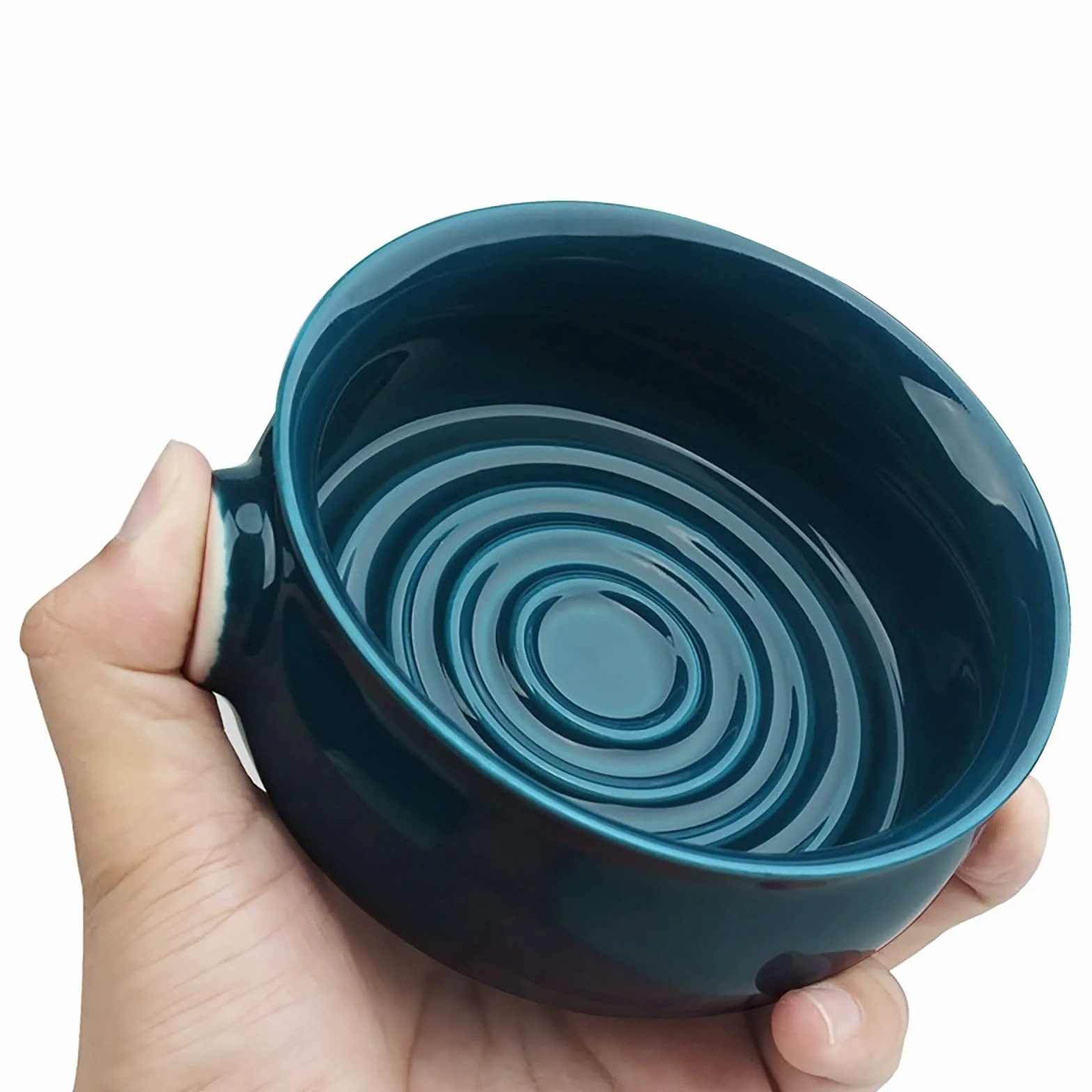 Linkidea Ciotola per Sapone da Barba in Ceramica con Manico Antiscivolo, Bocca Larga, Grande Capacità, Creste Più Facili da Insaponare, Ciotola per Crema da Barba per Rasoio Umido per Uomo, Blu Lago