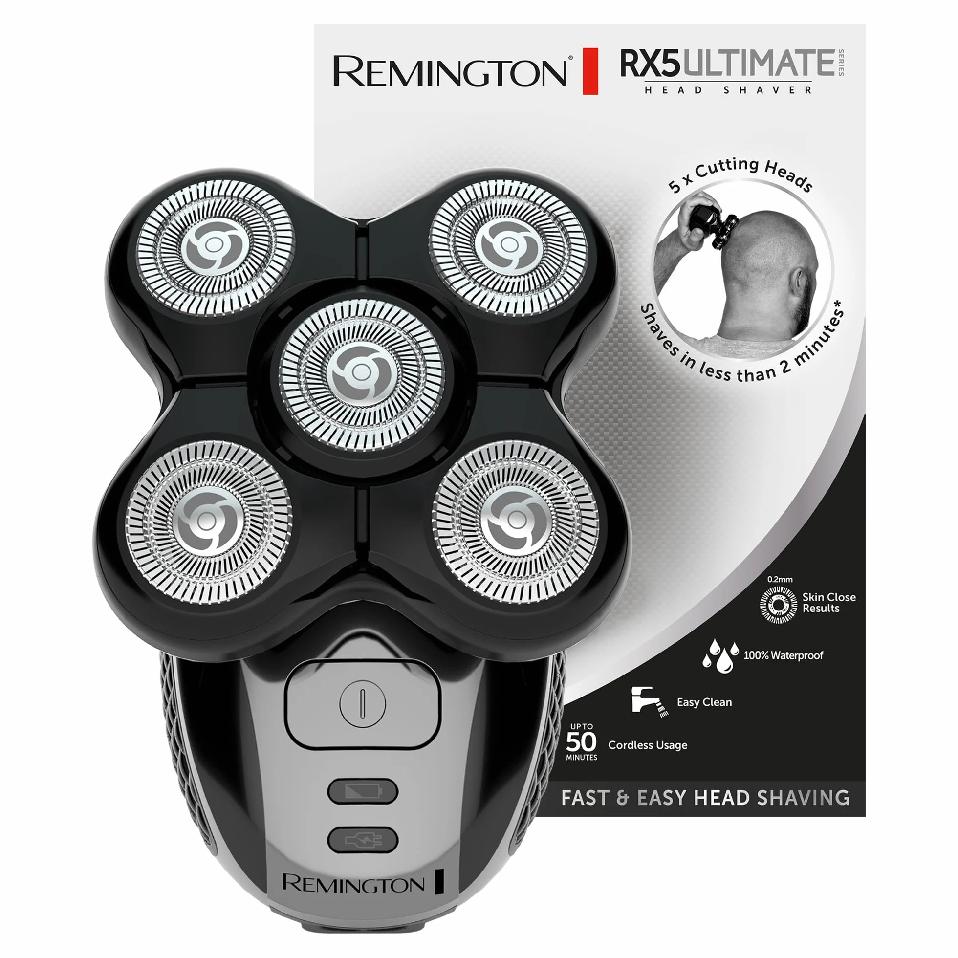 Remington Rasoio Testa Calva Uomo RX5 XR1501 - Lama a doppia traccia flessibili, Rasoio a testine Rotanti al litio, 5 testine di rasatura