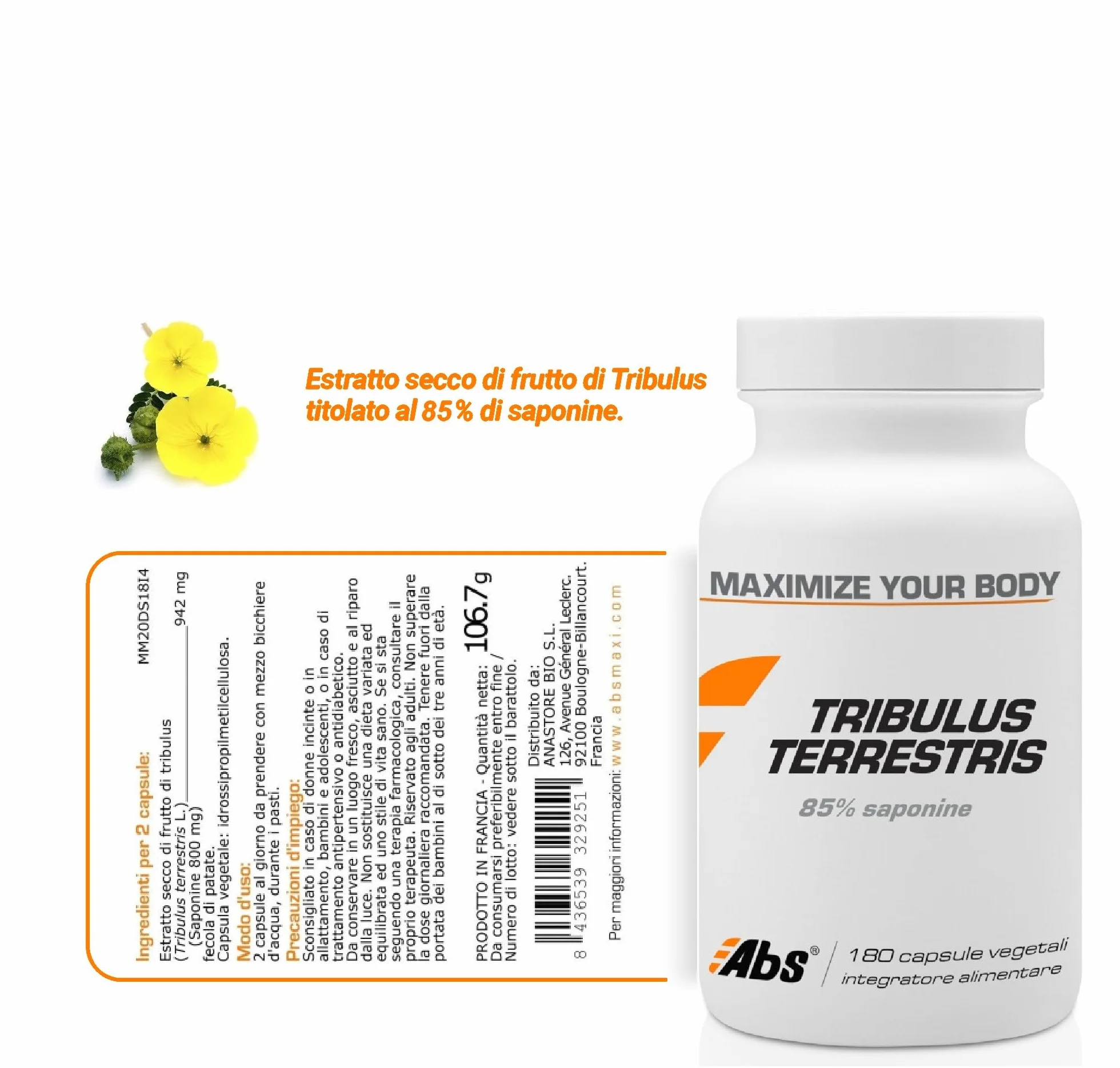 Tribulus terrestris 470 mg 180 capsule Titolato 85% saponine Tono muscolare Energia