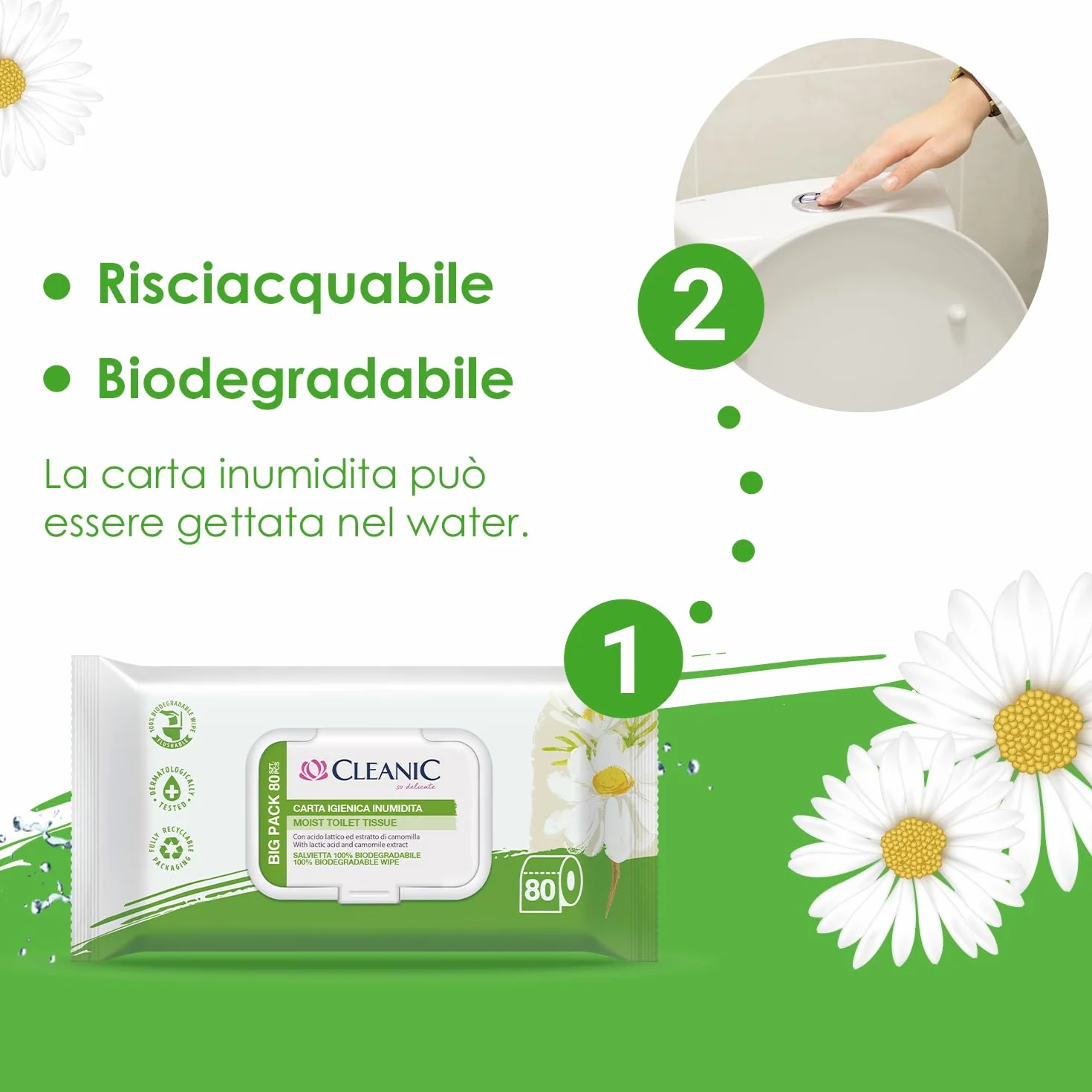 Cleanic Carta Igienica Umidificata 80 Pezzi con Estratto di Camomilla Lavabile Salviette Pulizia Intima Pelle Sensibile