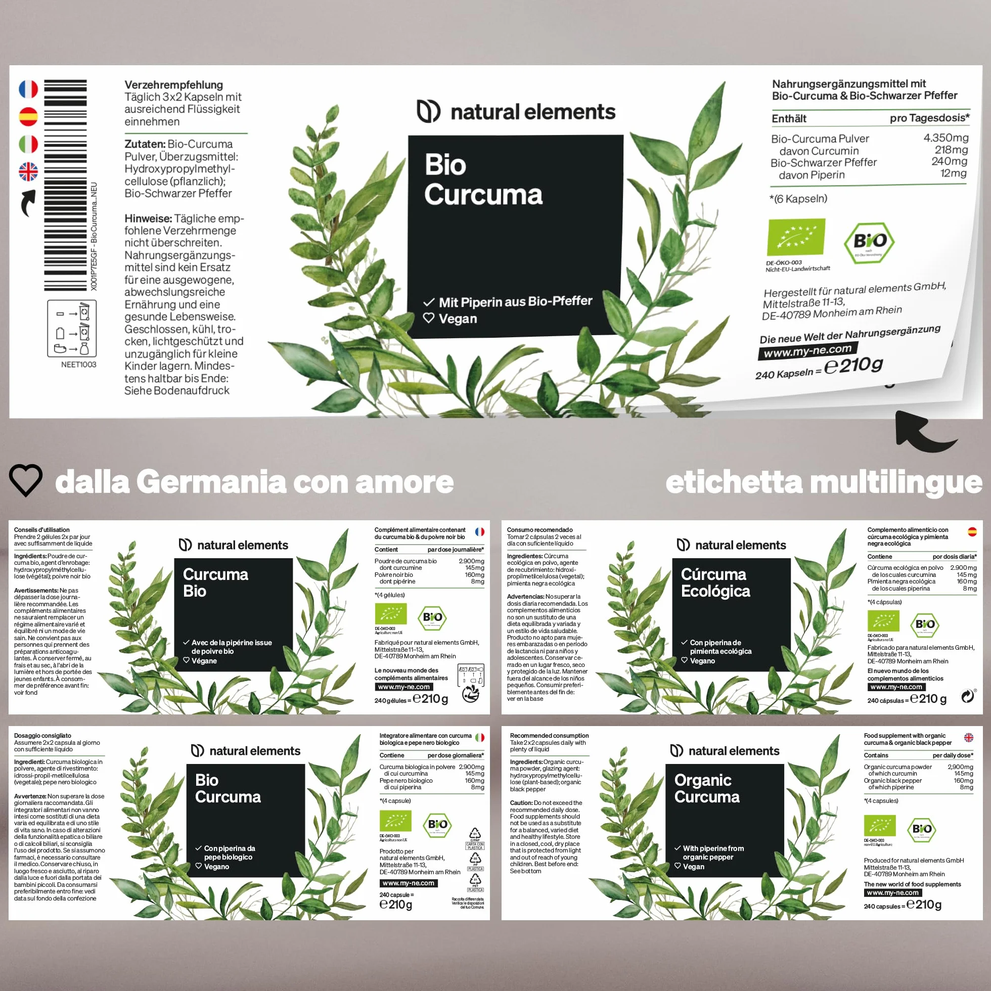 Curcuma e Piperina Plus 240 capsule 2.900mg bio curcuma per dose giornaliera con curcumina e pepe nero vegano