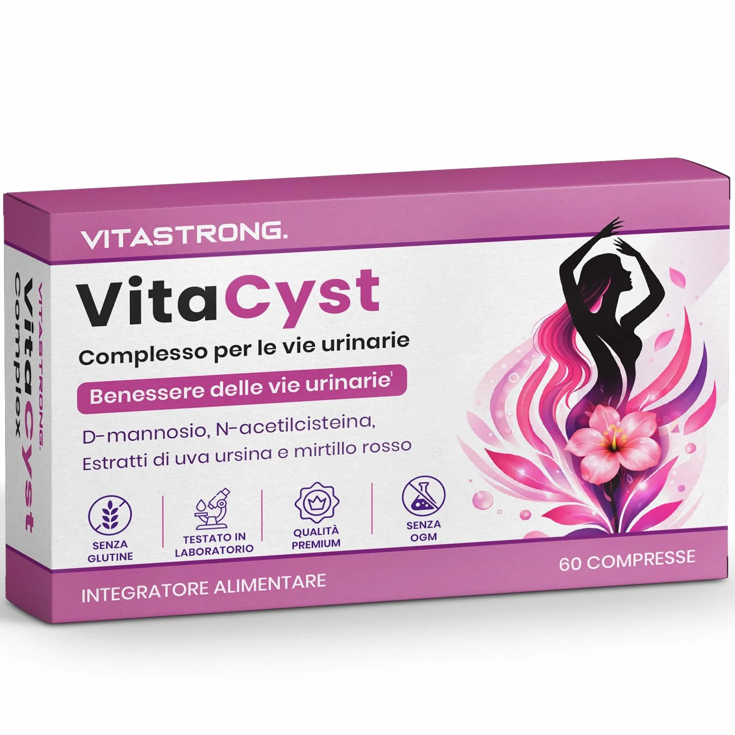 VitaCyst, D Mannosio Puro con NAC N-Acetil-Cisteina, Estratti di Mirtillo Rosso (Cranberry) e Uva Ursina Vegan Integratore Alimentare Vie Urinarie Donna, 60 Compresse Senza Glutine, Lattosio, OGM