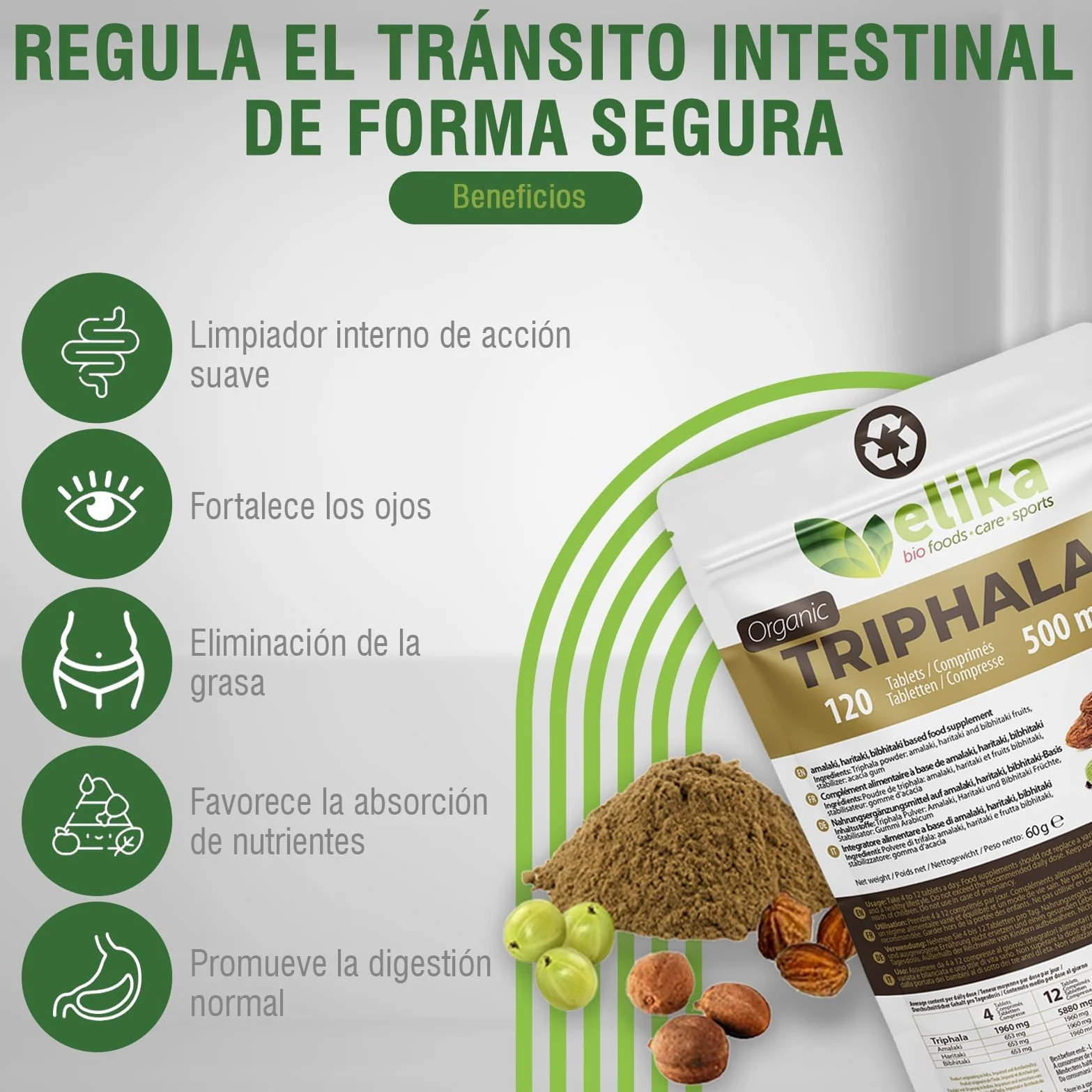 Triphala BIOLOGICO di Elikafoods®. Depurativo e disintossicante naturale. Integratore naturale per la pulizia del colon. Compresse naturali per la stitichezza intestinale - 120 compresse da 500 mg.