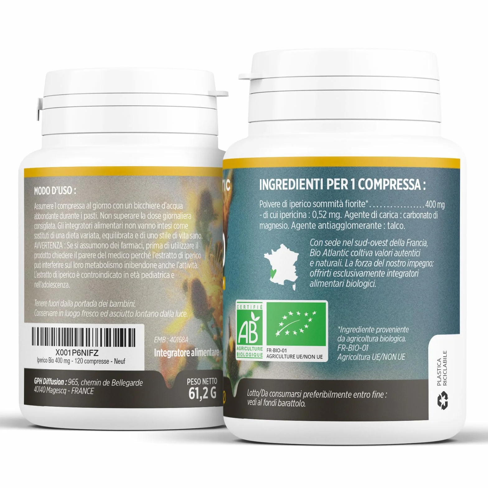 Iperico Bio (Erba di San Giovanni) 400mg - 120 compresse, Polvere di Iperico sommità fiorite : 400mg - Agente di carica : carbonato di magnesio