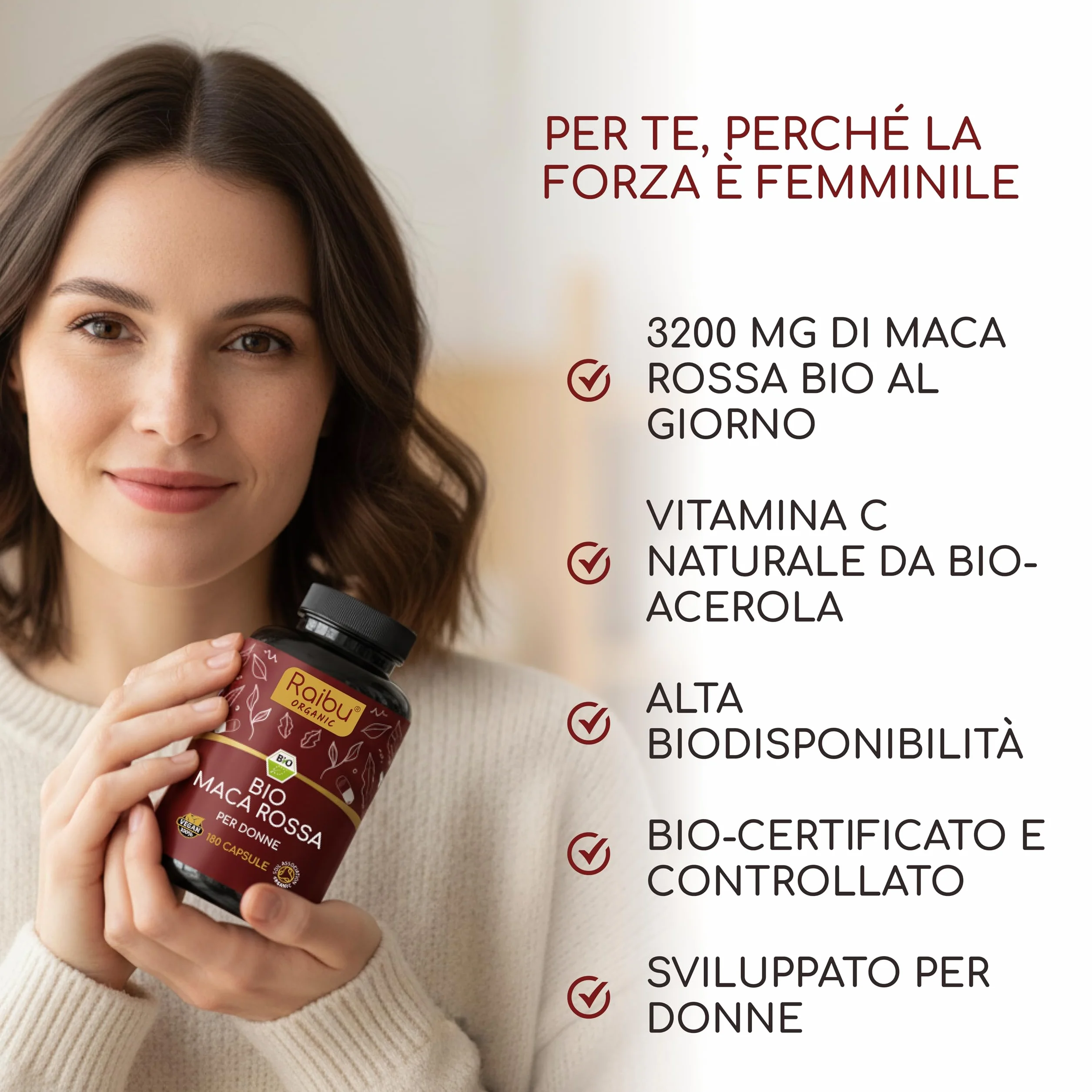 Maca Rossa Peruviana BIO - 180 capsule da radice di Maca Peruviana - Equilibrio ormonale per donna - 3.200mg per dose giornaliera (equivalenti a 12.800mg di radice del Perù) - Con vitamina C naturale