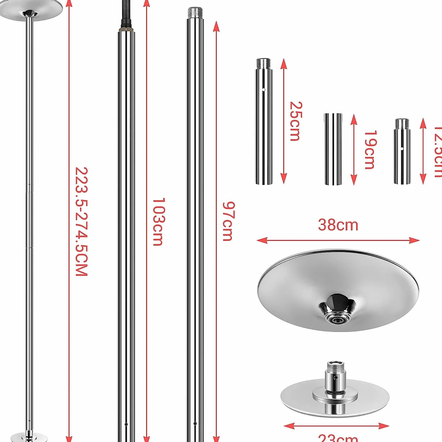 TLGREEN Palo Pole Dance da Casa 45mm Spin Static Regolabile Altezza 235-274 cm Acciaio Cromato 150 kg