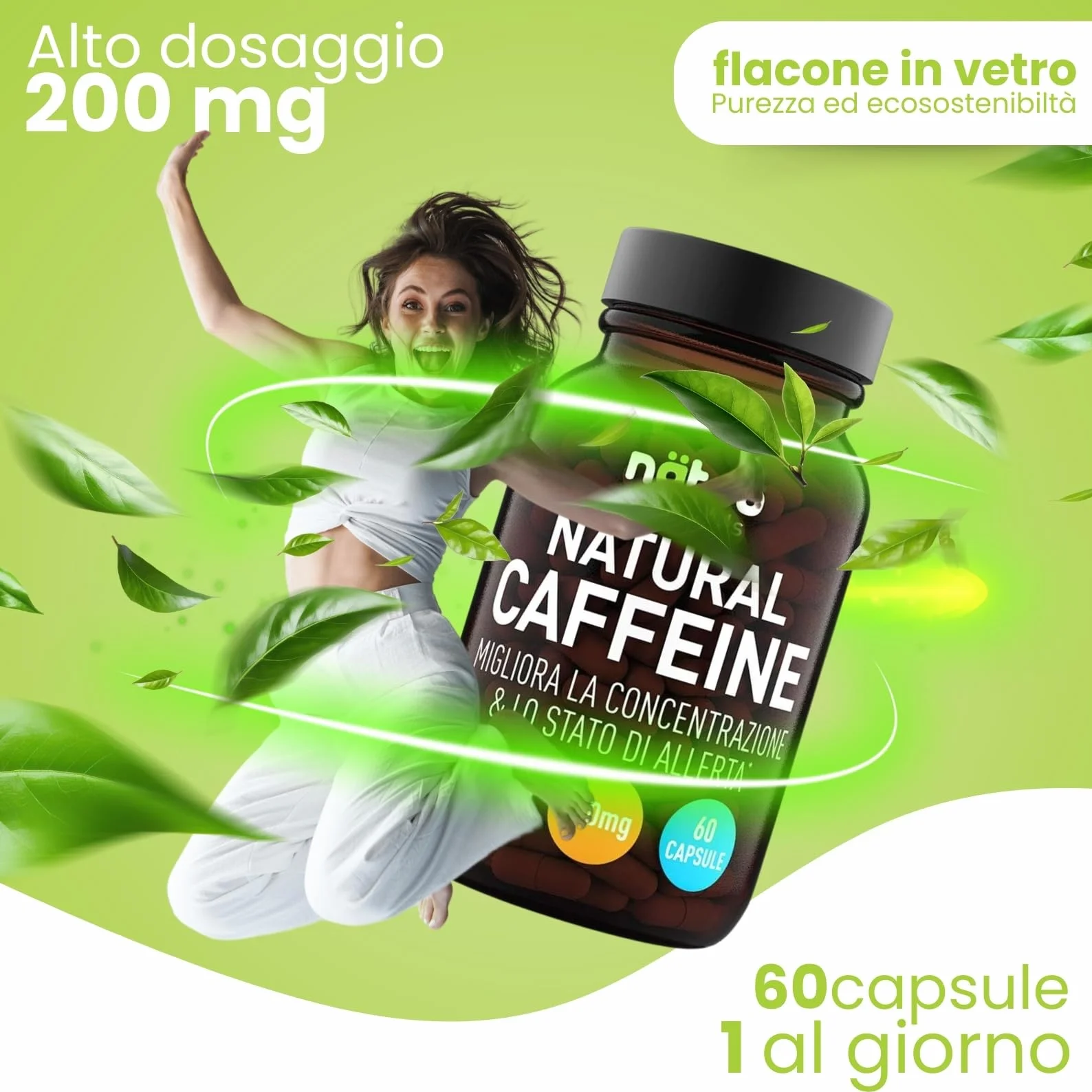 Caffeina 200mg 60 Capsule Vegane, Caffeina Pura da Caffe Verde Coffea arabica, Pre-Workout Integratore