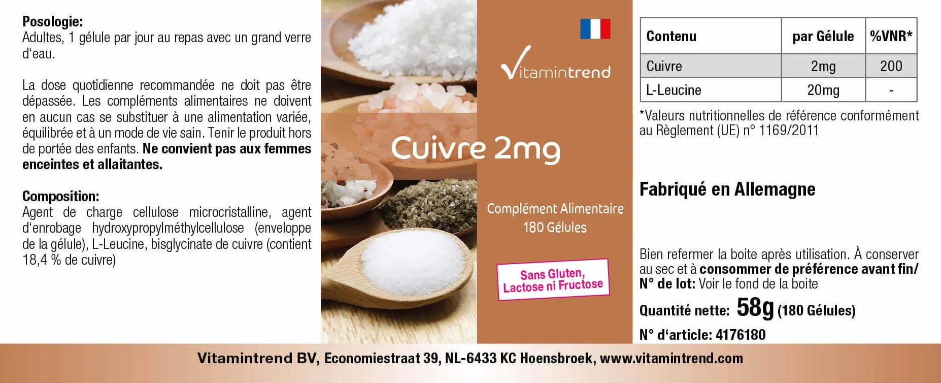 Vitamintrend rame 2 mg, 180 capsule, facili da deglutire, ad alto dosaggio, integratore alimentare vegano senza magnesio stearato, prodotto in Germania