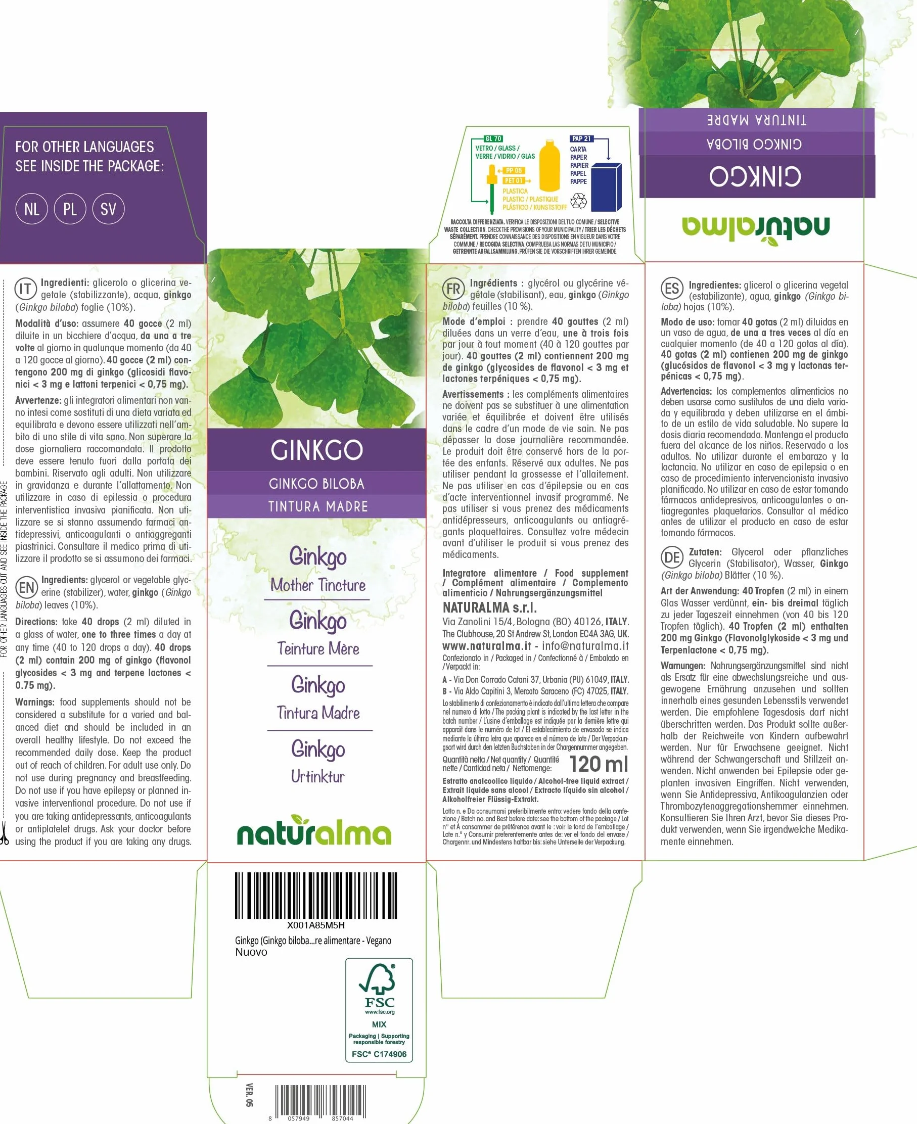 Ginkgo biloba Tintura Madre analcoolica Naturalma Estratto liquido gocce 120 ml Integratore alimentare Vegano